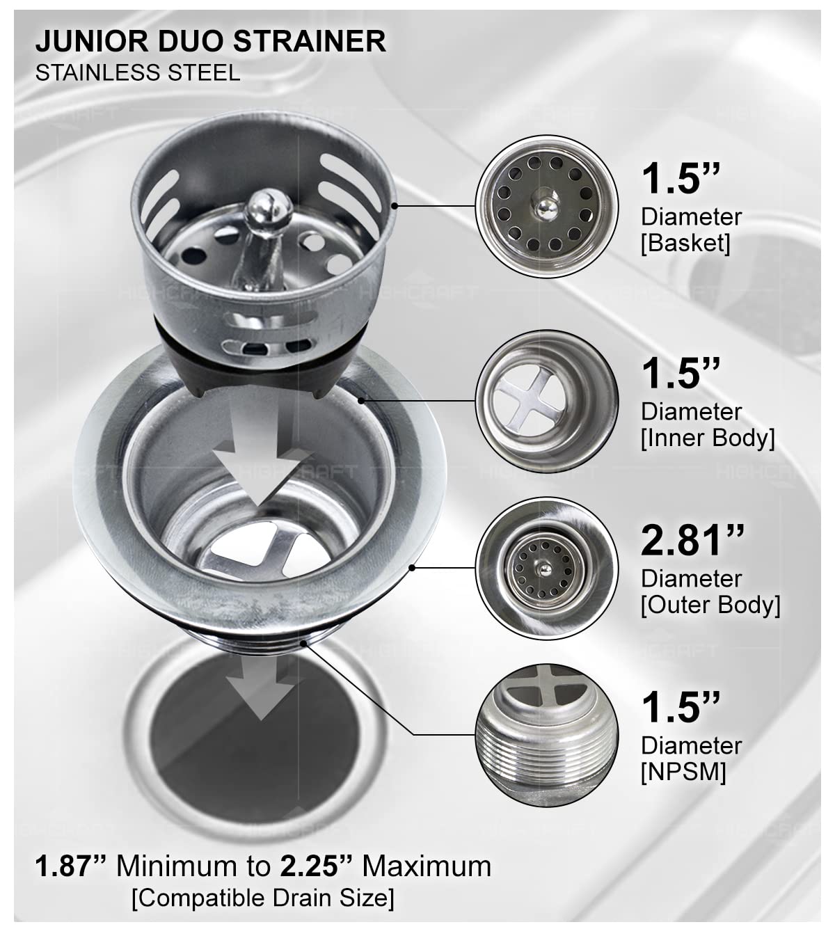 Highcraft 9773 Bar/Prep Sink 2 1/2 Junior Duo Stainless Steel Drain Assembly With Strainer Basket And Rubber Stopper