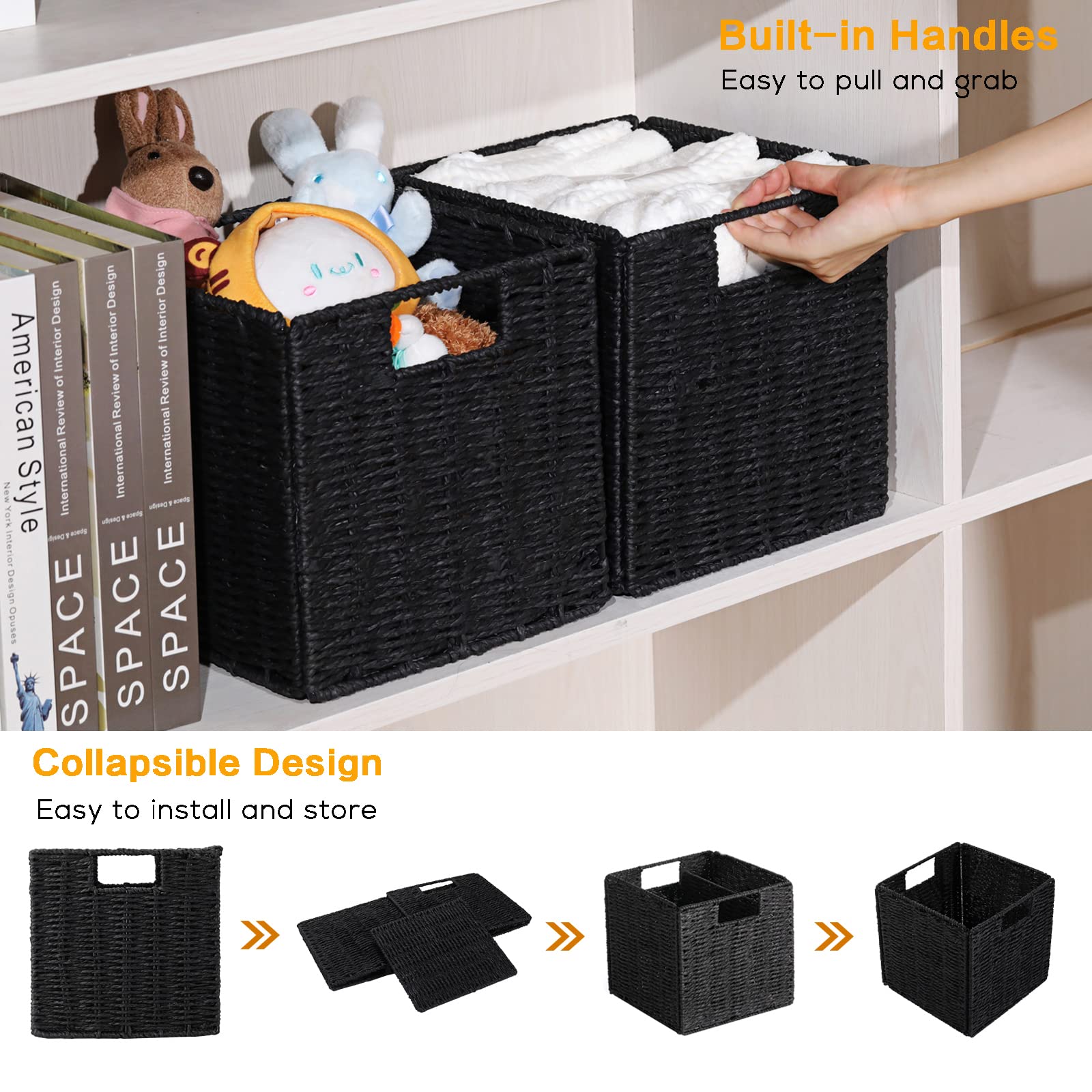 Vagusicc Wicker Basket, Set Of 2 Woven Storage Baskets For Shelves, Foldable Cube Storage Basket Bins With Handles, 9 Inch Small