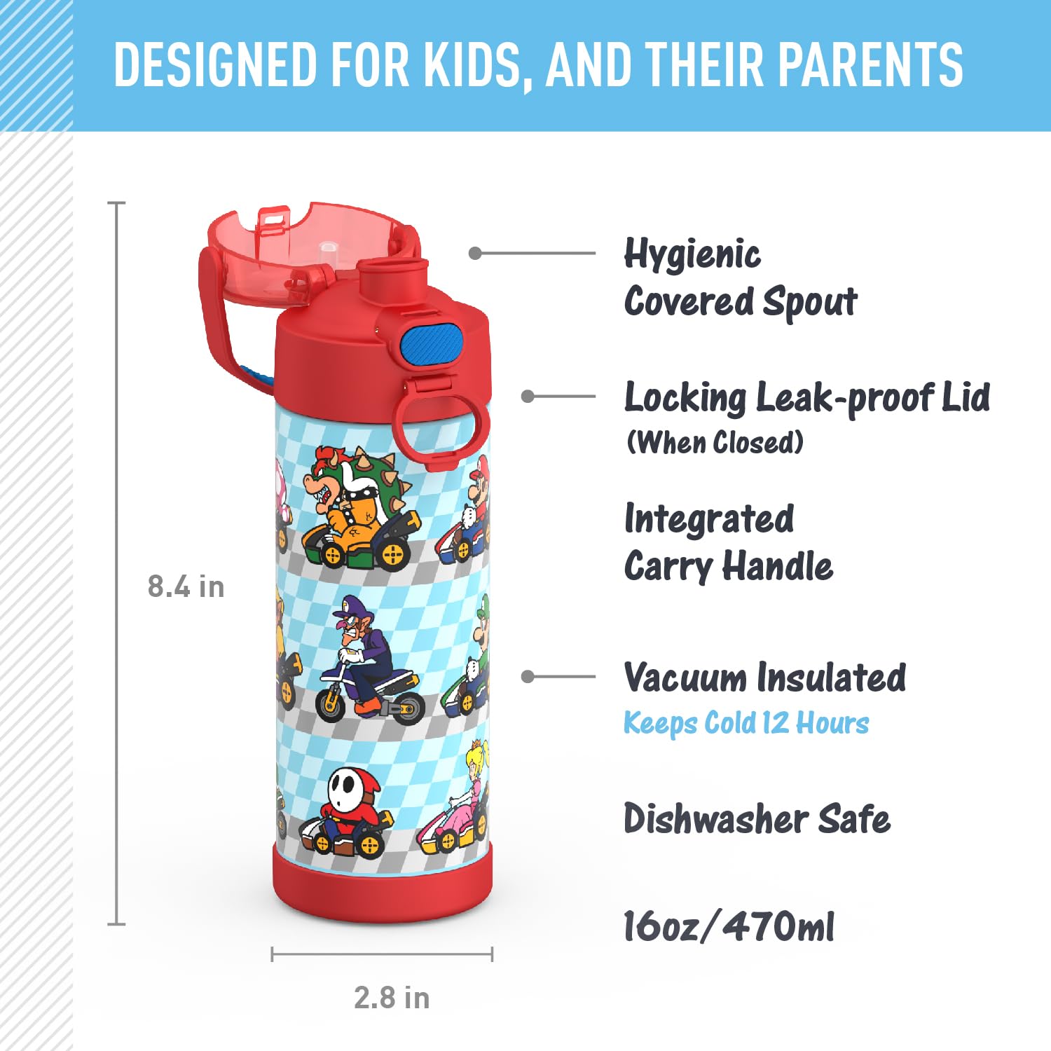 Thermos Funtainer 16 Ounce Stainless Steel Vacuum Insulated Bottle With Wide Spout Lid, Mario