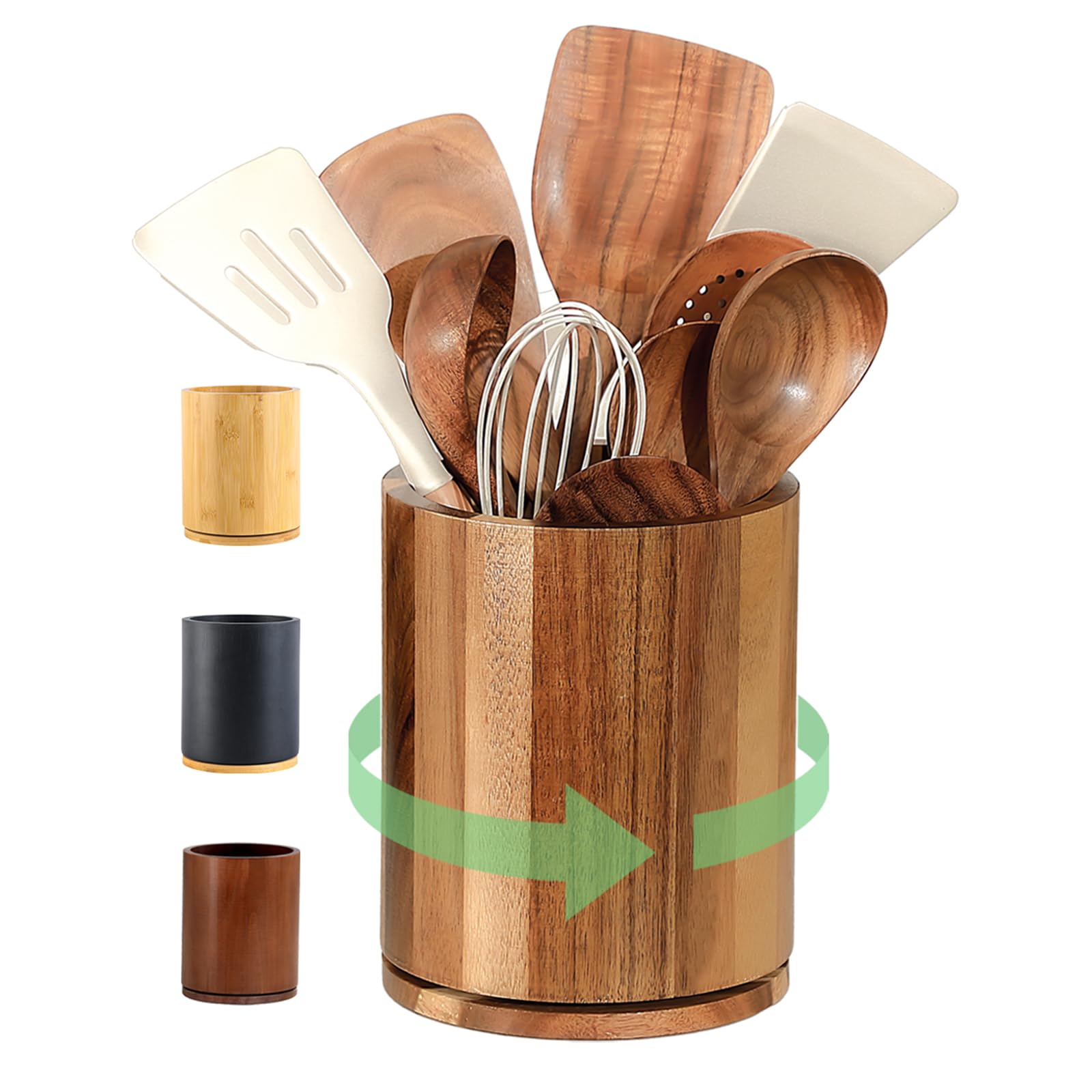 gorsent Wooden Utensil Holder, 360Rotating 7.3   Large Utensil Holder for Kitchen Counter, Kitchen Utensil Organizer, Utensil 