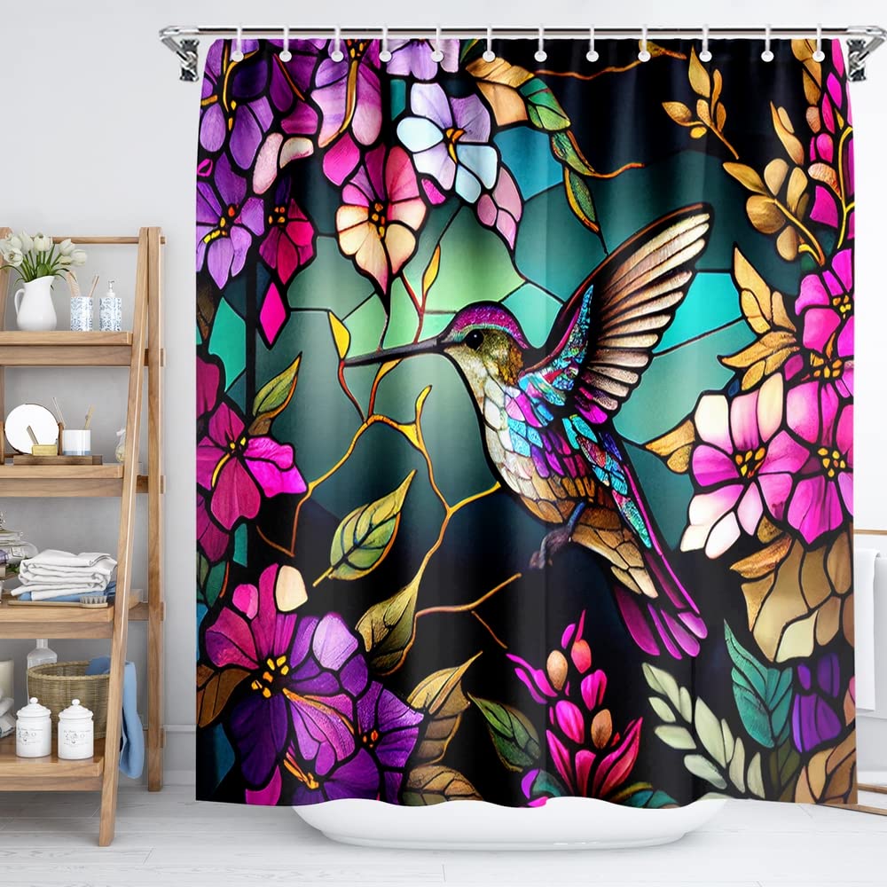 Reateforin Spring Shower Curtain Flower,Hummingbird Shower Curtain For Bathroom With Hooks,Watercolor Polyester Fabric Shower Cu