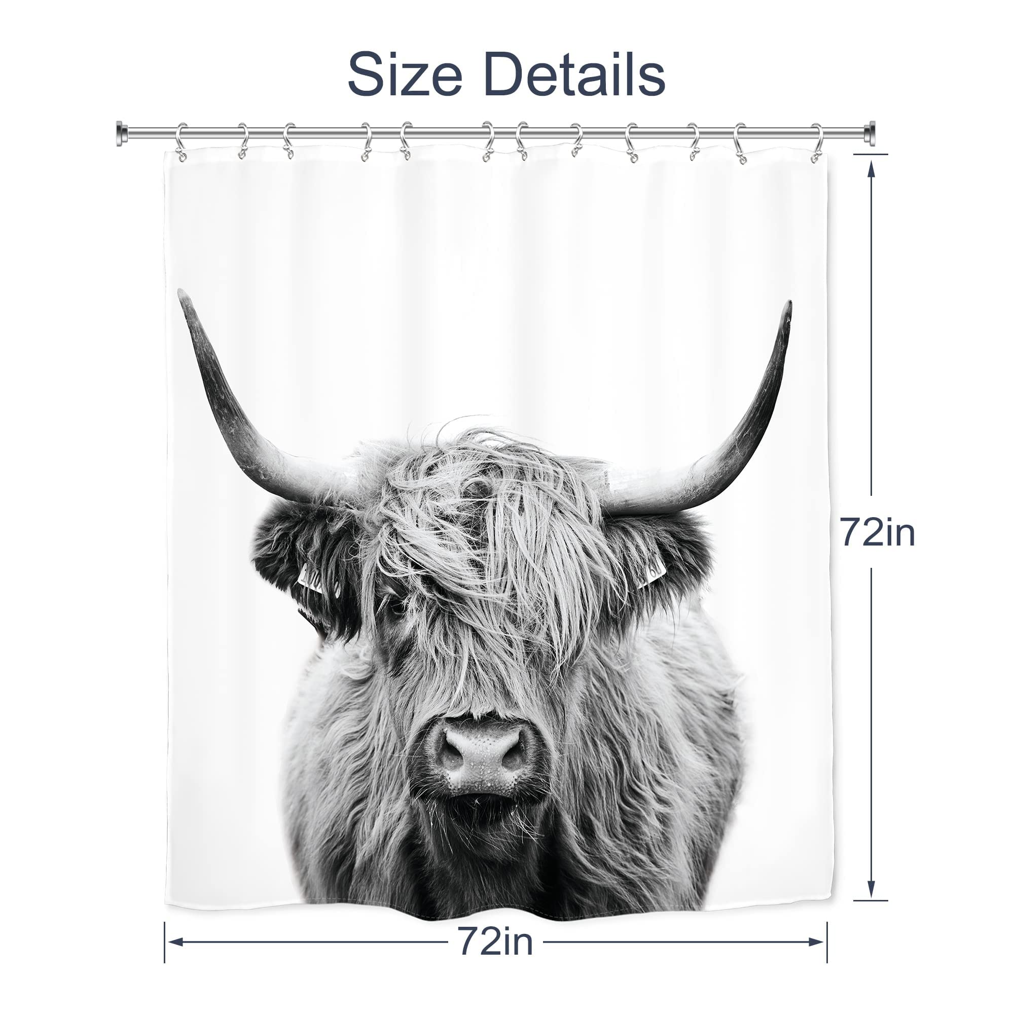 AMBZEK Western Cow Shower Curtain 72Wx72H Inch Bull Highland Cow Portrait Primitive Farm Bathroom Accessories Farmhouse Cattle Animal Wildlife Funny White Art Fabric Bathroom Decor Set with 12 Hooks