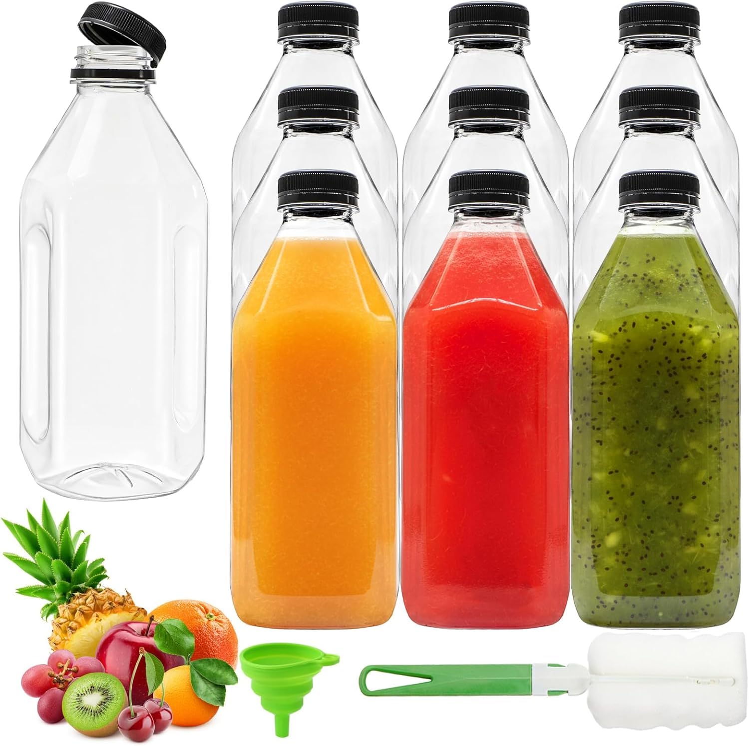Coloch 10 Pack 33 Oz Plastic Juice Bottles with Black Caps, 1L Empty Clear Soda Bottle Reusable Drink Container Plastic Milk Bot