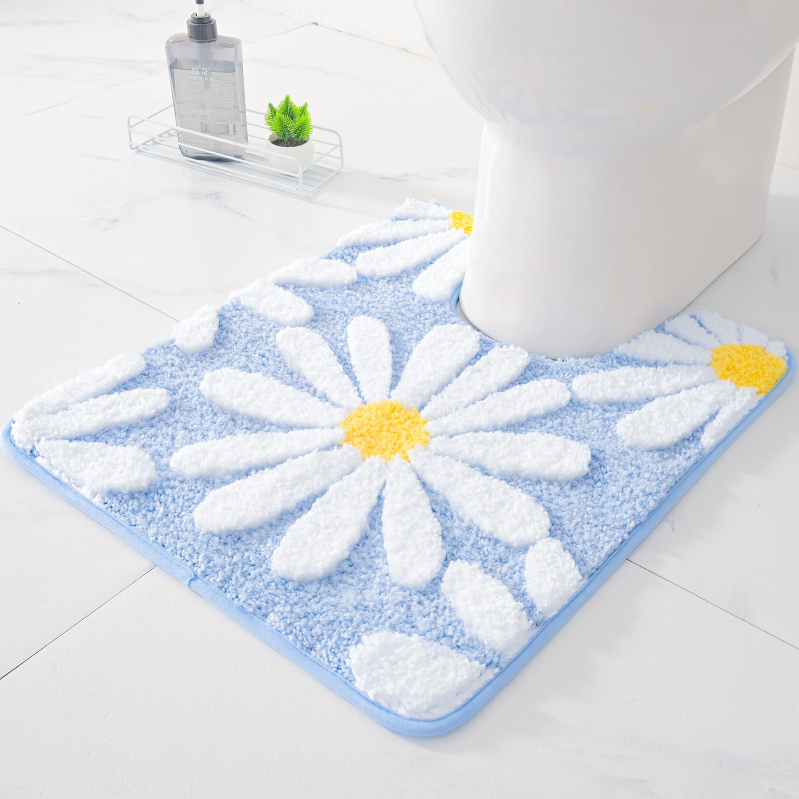 Qjhomo Toilet Rugs U Shaped, Blue Toilet Mat Cute Daisy Contour Bath Rug 20''X24'', Extra Thick Soft Machine Washable Toilet Car