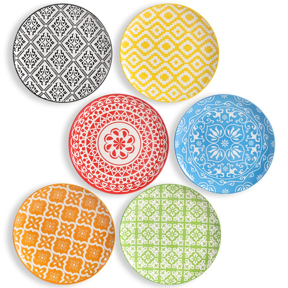 Plate Set 8 Inch - Salad Plates | Dessert Appetizer Plates Colorful - Porcelain Lunch Plates - Set of 6 - Dishwasher and Microwave Safe