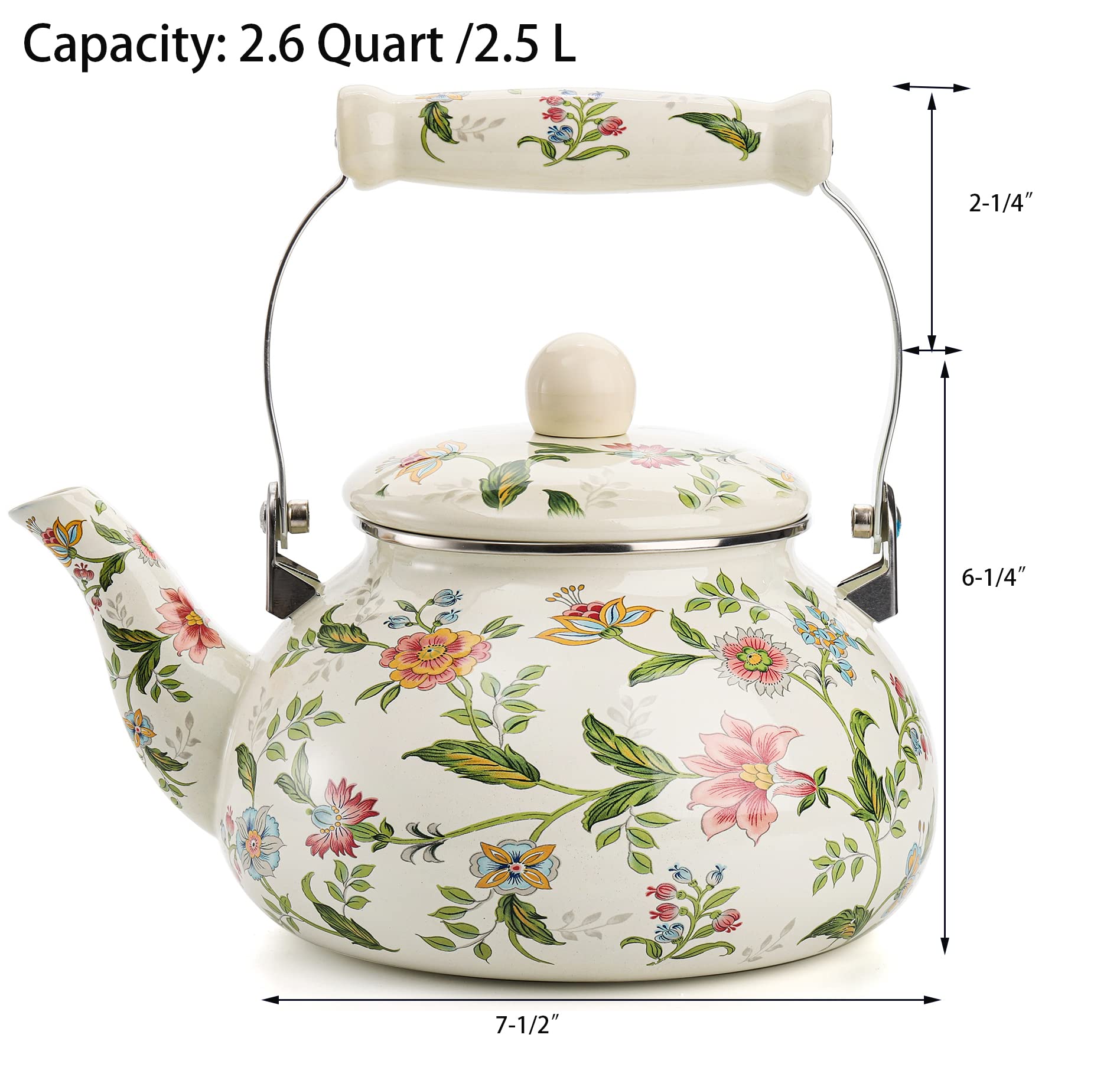 Jucoan 2.6 Quart Vintage Enamel Tea Kettle, Green Floral Enamel On Steel Teapot With Cool Touch Porcelain Handle For Stovetop Ho