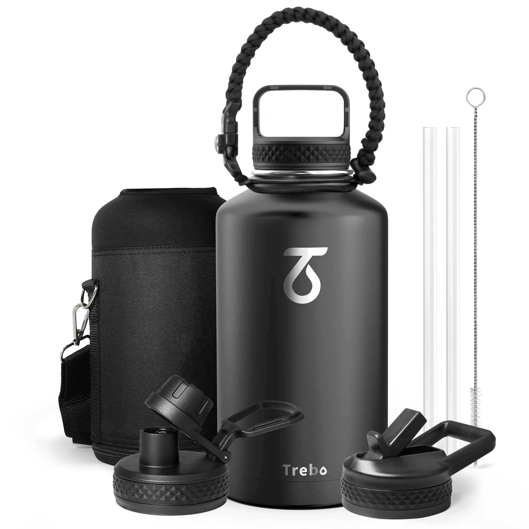 Trebo Half Gallon Water Bottle With Paracord Handle 64Oz Wide Mouth Insulated Double Wall Stainless Steel Large Sports Flask Kee