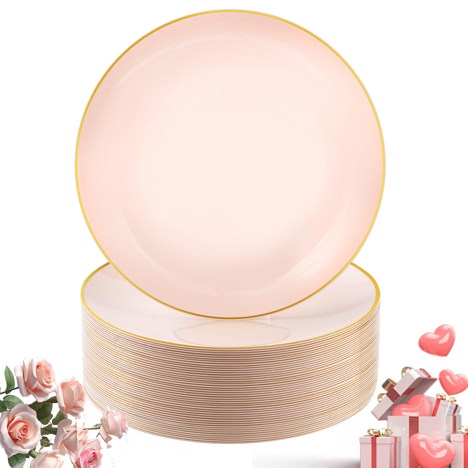 Bestluck 100Pcs Pink Gold Plastic Plates, 10.25 Inch Pink Pastic Plates, Pink Disposable Plates, Pink Dinner Plates For Party, W