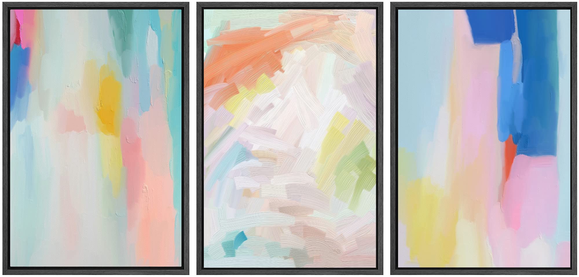 Signwin Framed Canvas Print Wall Art Set Watercolor Pastel Rainbow Paint Stroke Shapes Abstract Illustrations Modern Art Decorat