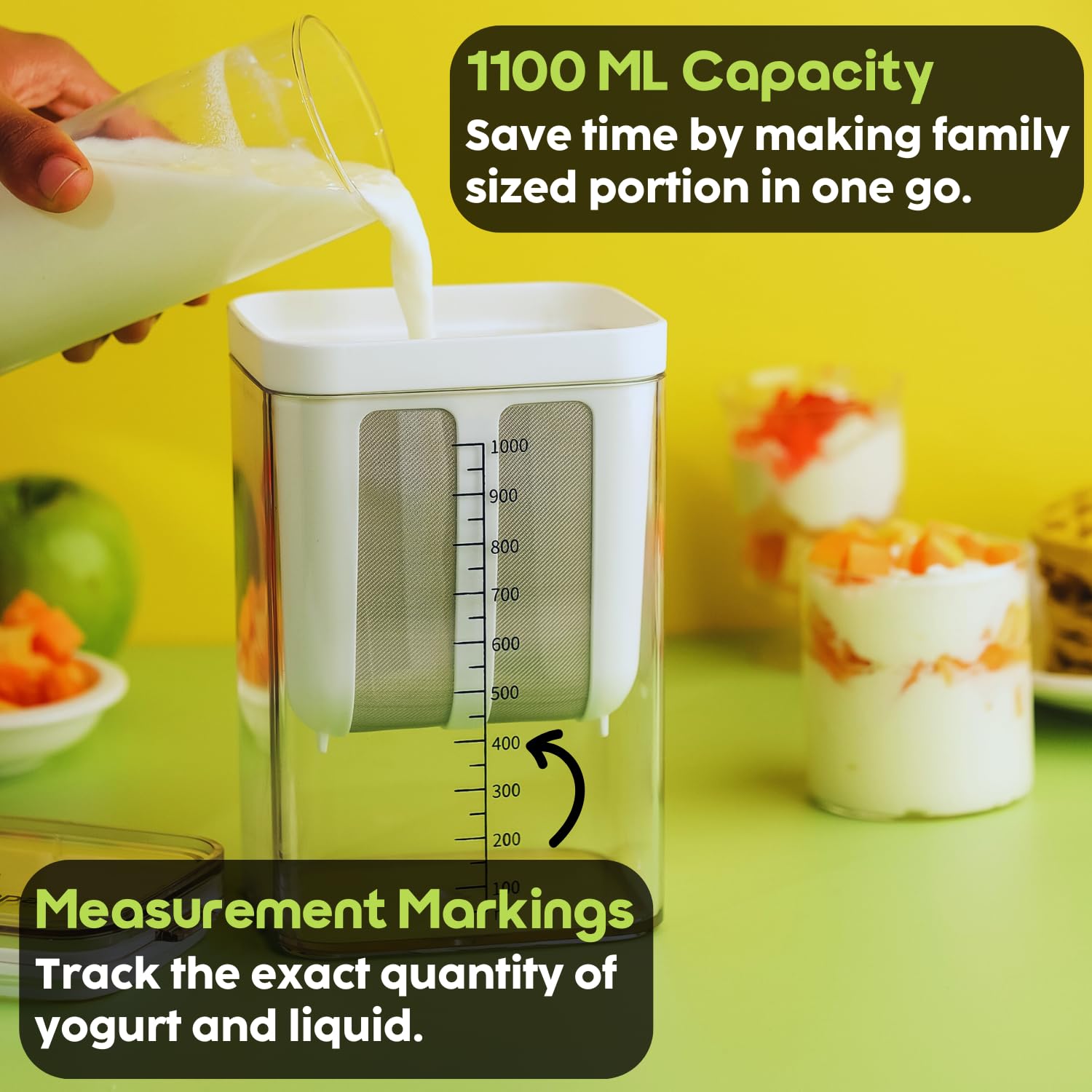 Instacuppa Greek Yogurt Strainer, 1100Ml Multi Yoghurt Maker Strainer With Fine Mesh Bag & Lid For Thick Greek Yogurt, Soybean M