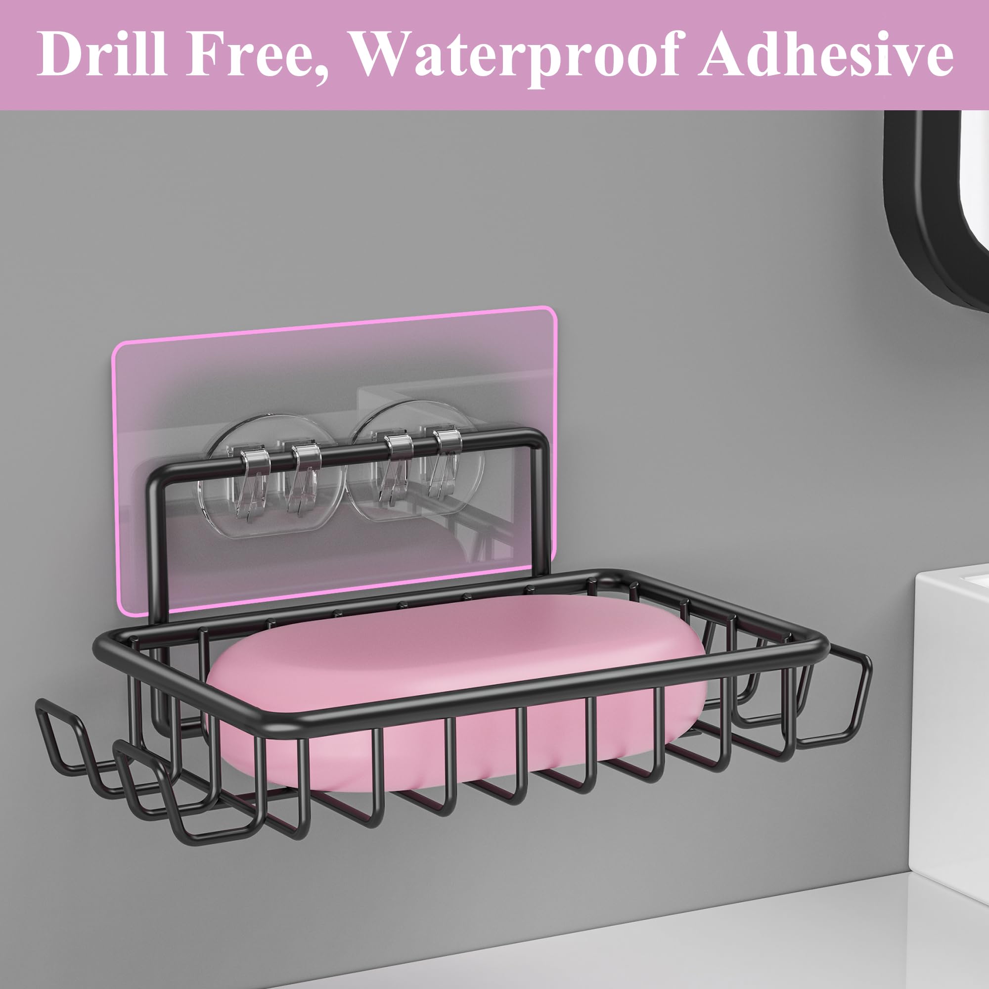 Ailibuligo Adhesive Soap Bar Holder Dish For Shower Wall With Hooks, Black, 2 Pack