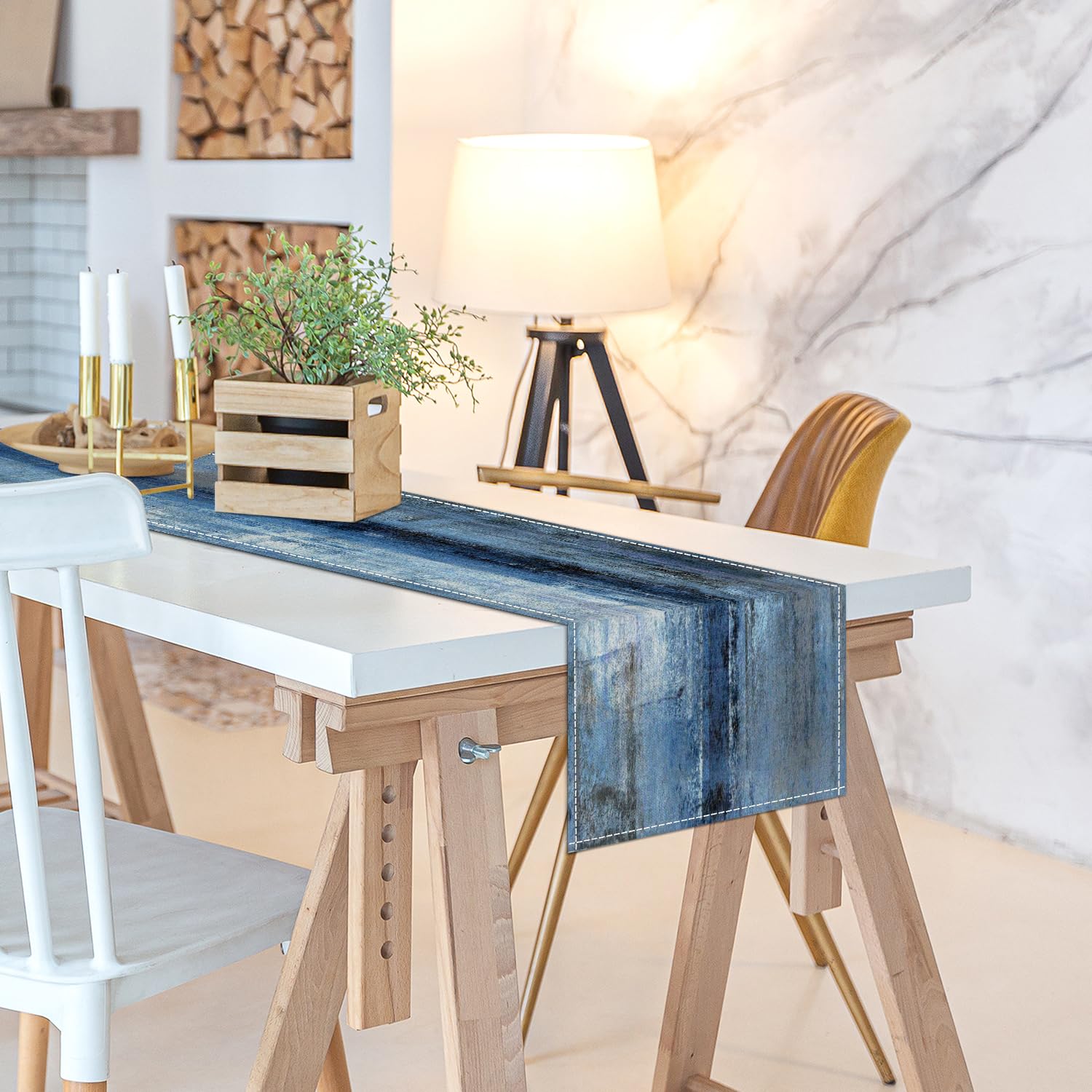 Blue Grey Long Table Runners Modern Art Farmhouse Linen Table Runners Dresser Scarves Retro Rustic Style for Party Kitchen Dinin