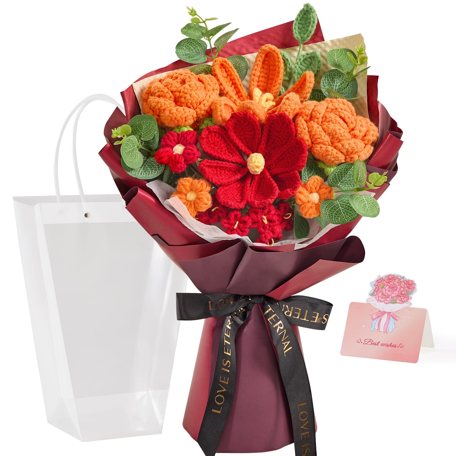 Alecono Crochet Flower Bouquet, Orange and Burgundy Knitted Flowers, Red Crochet Tulip Galsang Flower for Lover Anniversary Birt