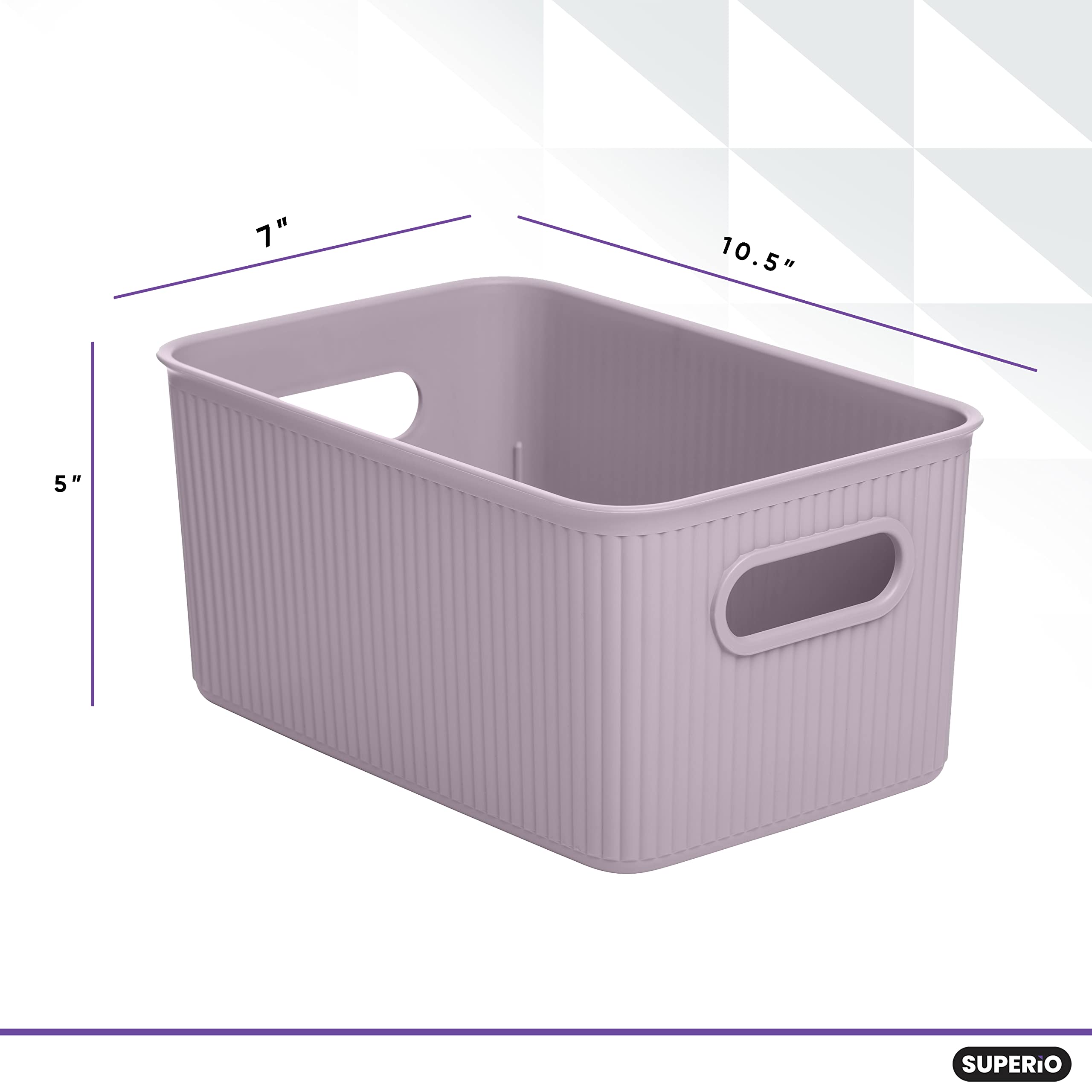 Superio Ribbed Collection - Decorative Plastic Lidded Home Storage Bins Organizer Baskets, Medium Lilac Purple (1 Pack - 5 Liter