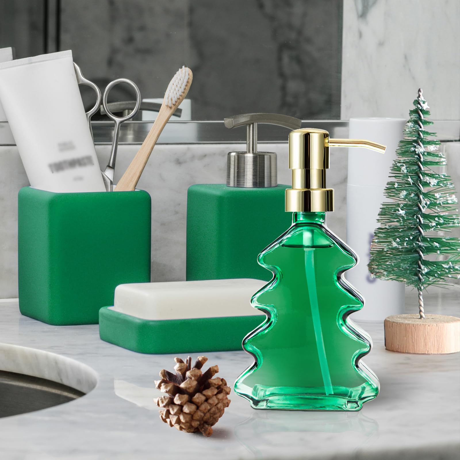 Syfurnix Christmas Soap Dispenser 2Pcs Green Glass Hand Soap Dispenser For Bathroom, Kitchen Sink, Dish Soap Dispenser With Pump