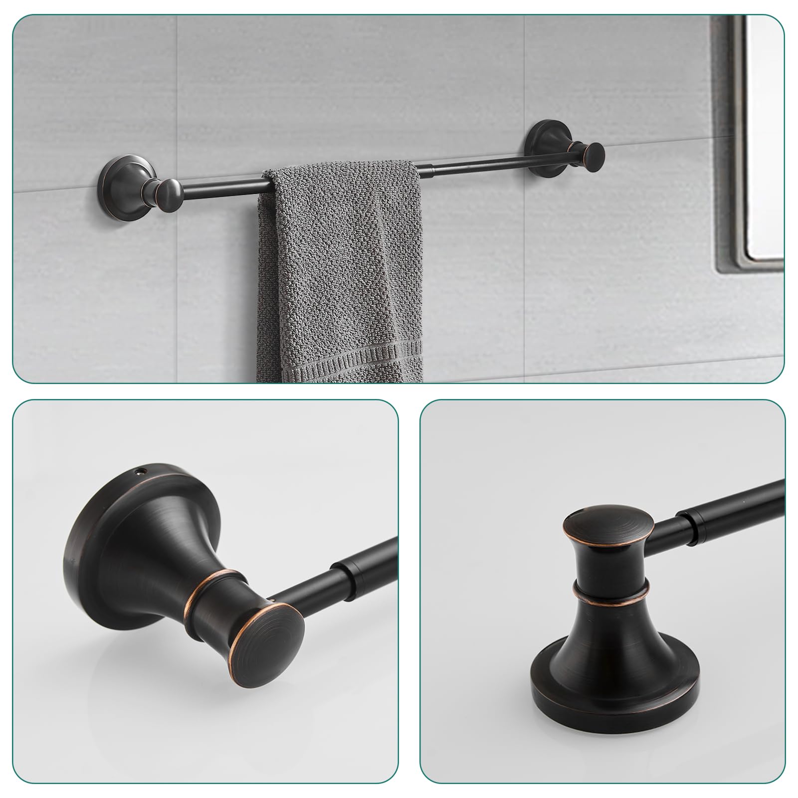 Hoimpro Oil Rubbed Bronze 4-Piece Bathroom Bath Set, Wall Mount Bathroom Hardware Fixture (Adjustable Towel Bar Rack, Towel Ring