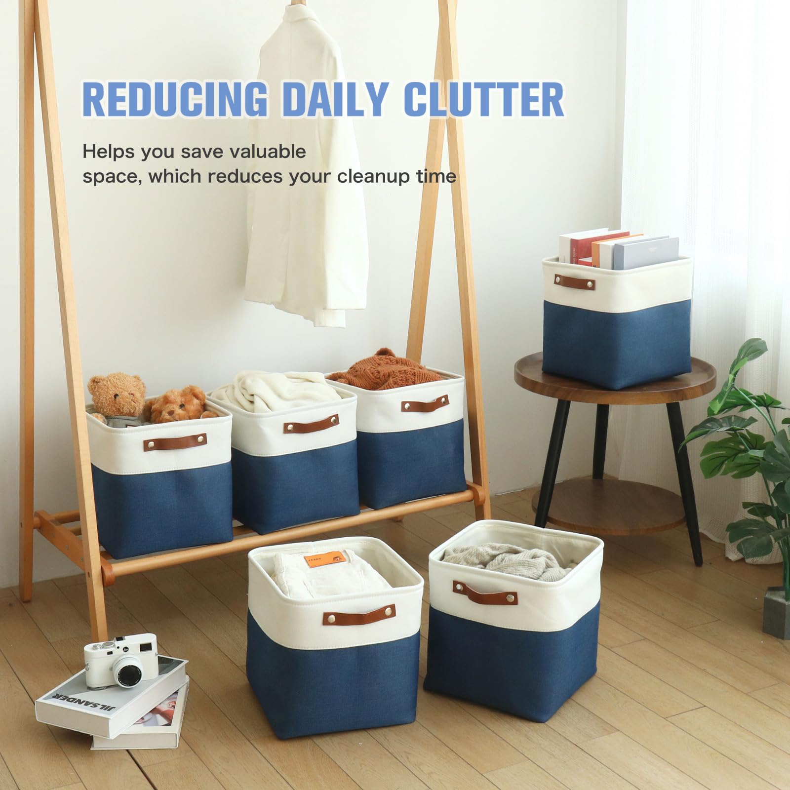 Finishingbo Cube Storage Baskets 6 Pack, 11X11 Inch Foldable Cube Storage Bins With Leather Handles For Shelf Closet Nursery Toy