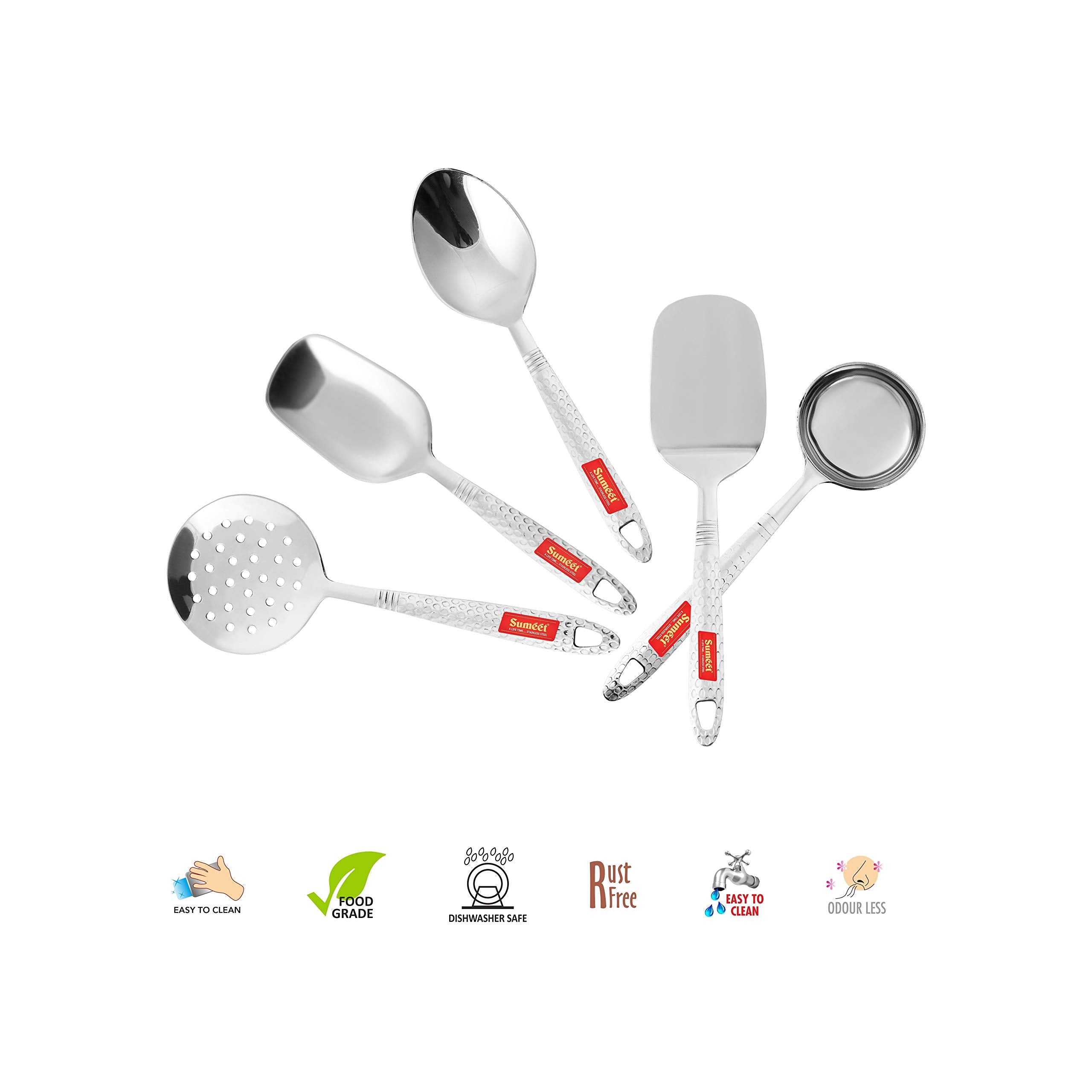 Sumeet Stainless Steel Small Serving And Cooking Spoon Set Of 5Pc (1 Turner, 1 Serving Spoon, 1 Skimmer, 1 Basting Spoon, 1 Ladl