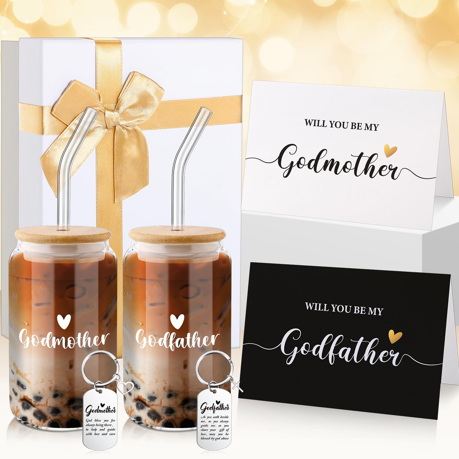 Qinyoung 7 Pcs Christmas Godparents Proposal Gift Will You Be My Godmother Godfather Padrino Madrina with Glass Cup Keychains Ca