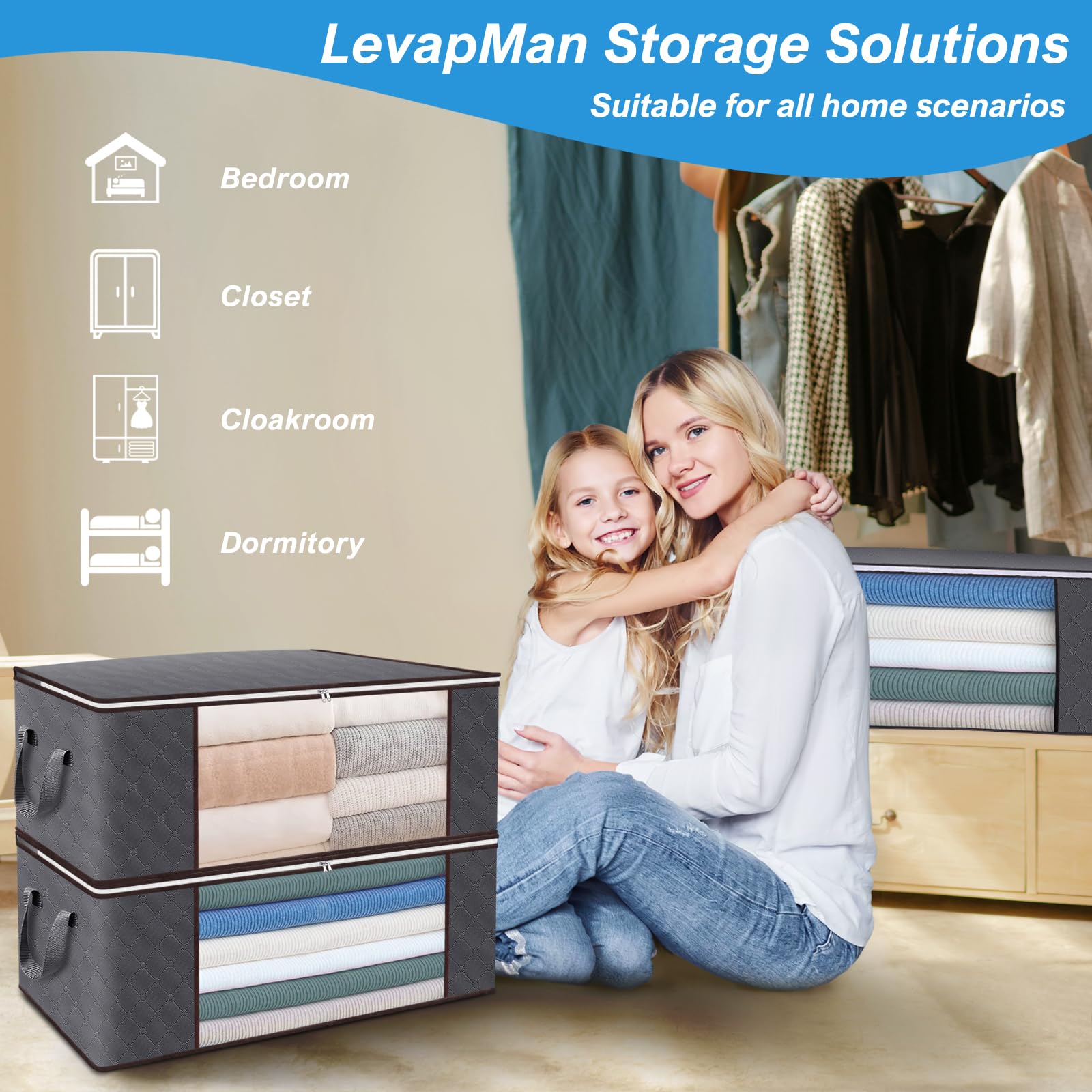 LevapMan 100L Foldable Blanket Storage Bags with Handle, Waterproof Underbed Storage Bag with Clear Window&Zipper for Bedroom, L