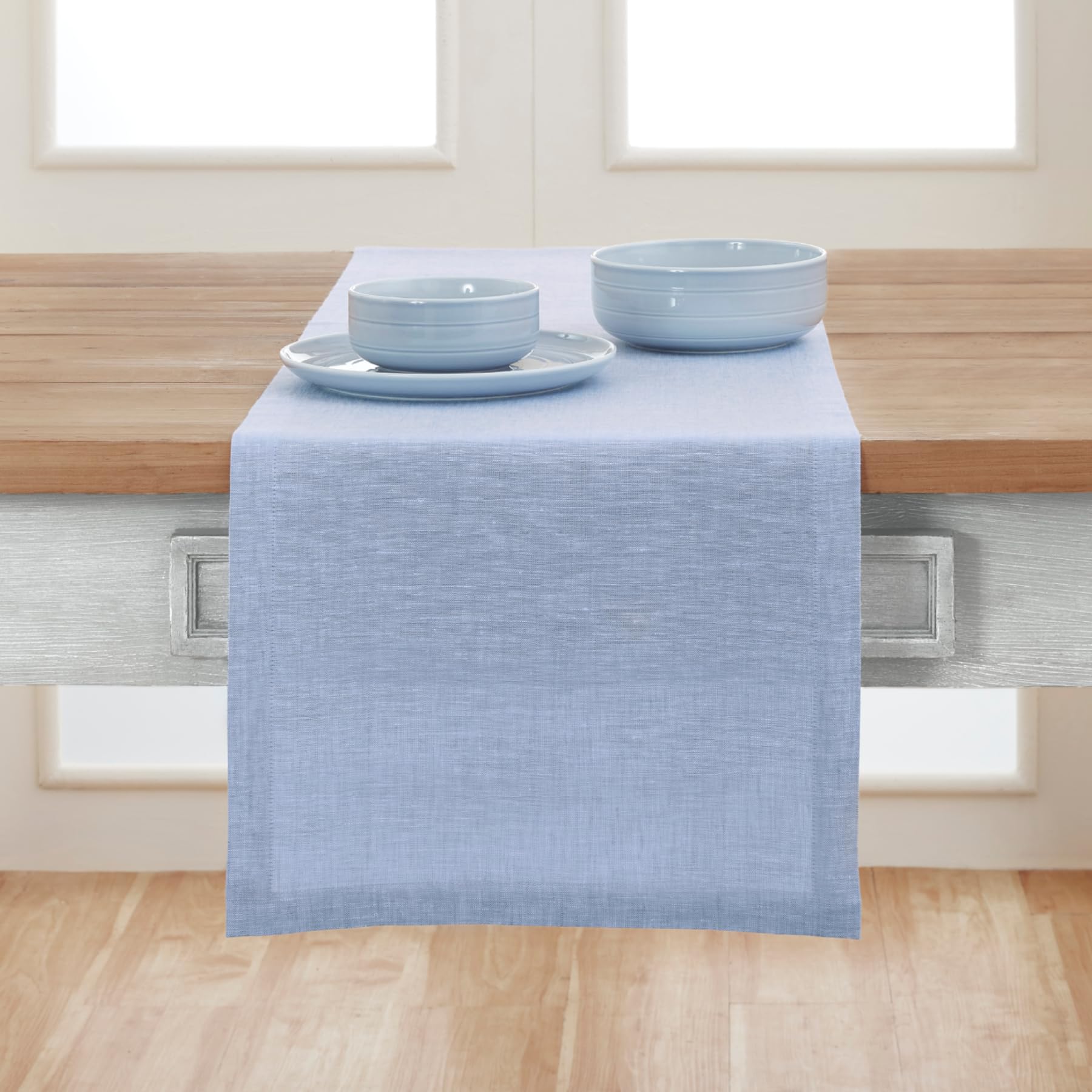 Solino Home Linen Table Runner 132 Inches Long - 100% Pure Linen Chambray Blue Table Runner 14 X 132 Inch - Machine Washable Din