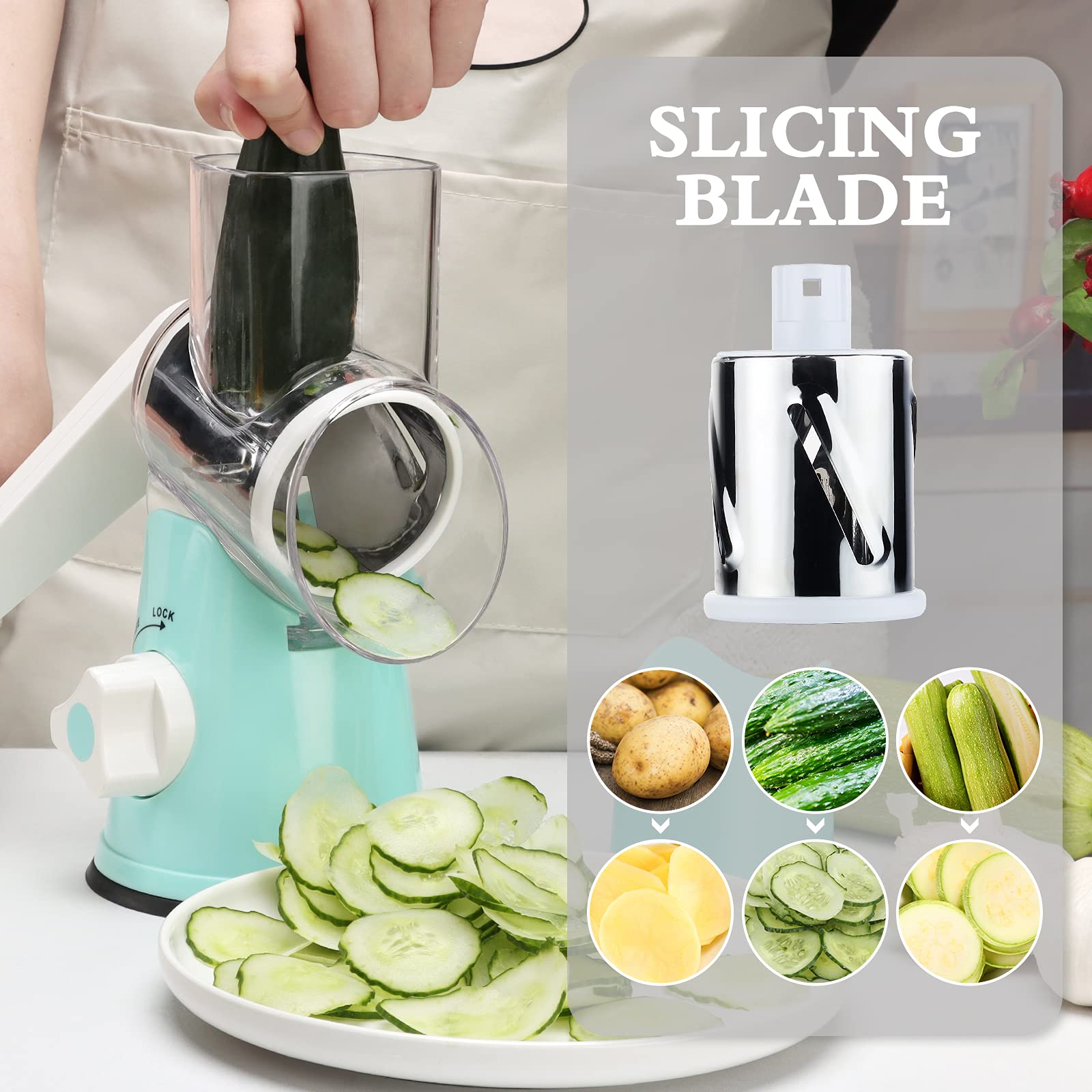 Ancevsk Rotary Cheese Grater Manual Kitchen Shredder, Speed Round Mandoline Vegetable Slicer Safe Food Grinder With 3 Interchang