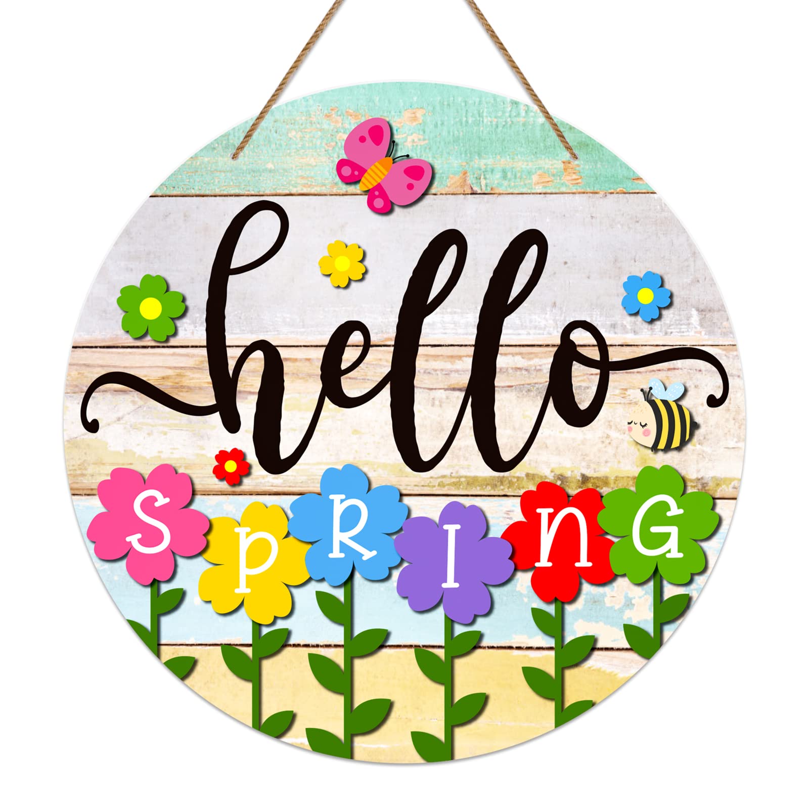 PETCEE Hello Spring Door Sign - 11.8 Colorful Flowers Welcome Decoration Wreath Farmhouse Hanging Sign for Home Front Door Wall 