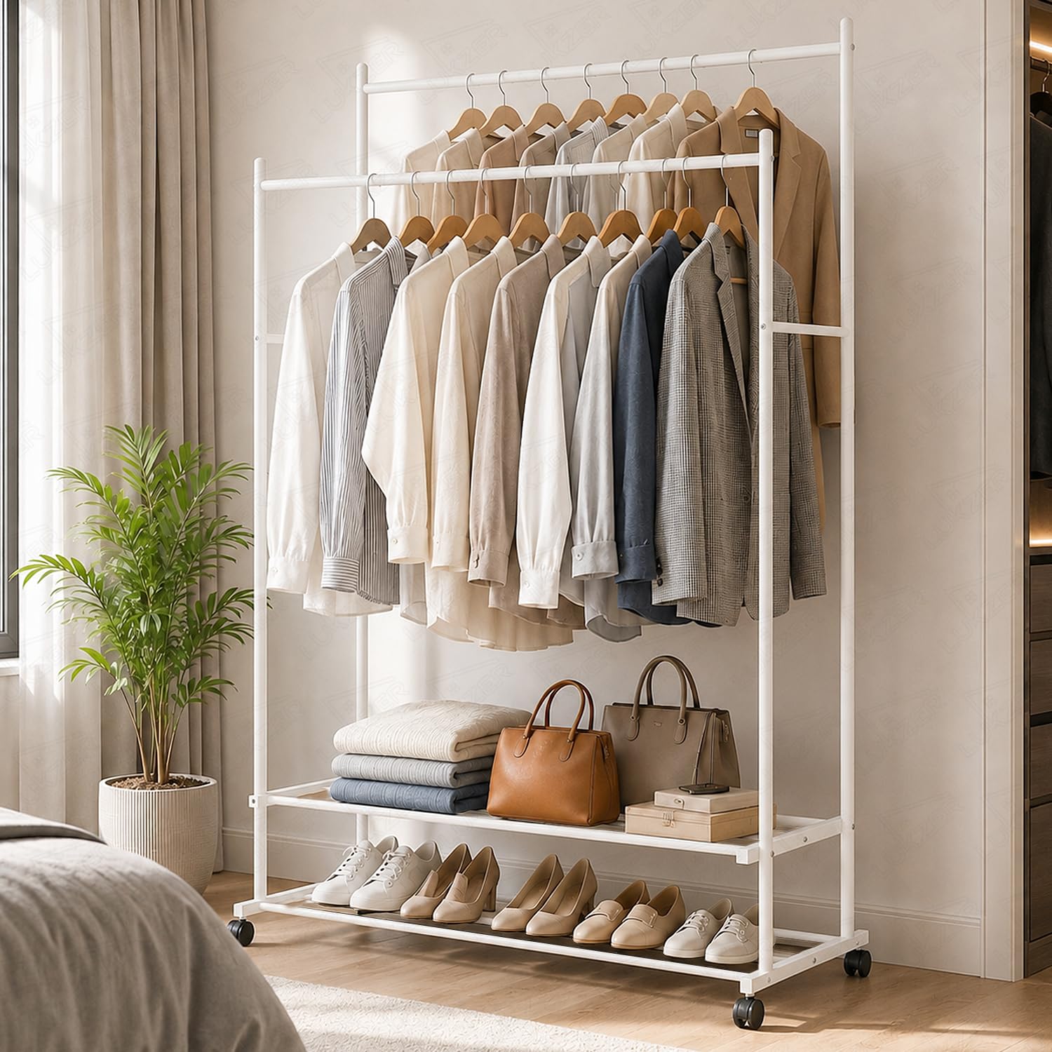 Lukzer Double Rod Metal Garment Stand With Wheels & 2Tier Storage Organiser Shelves, Portable Clothes Rack And Coat Hanger With