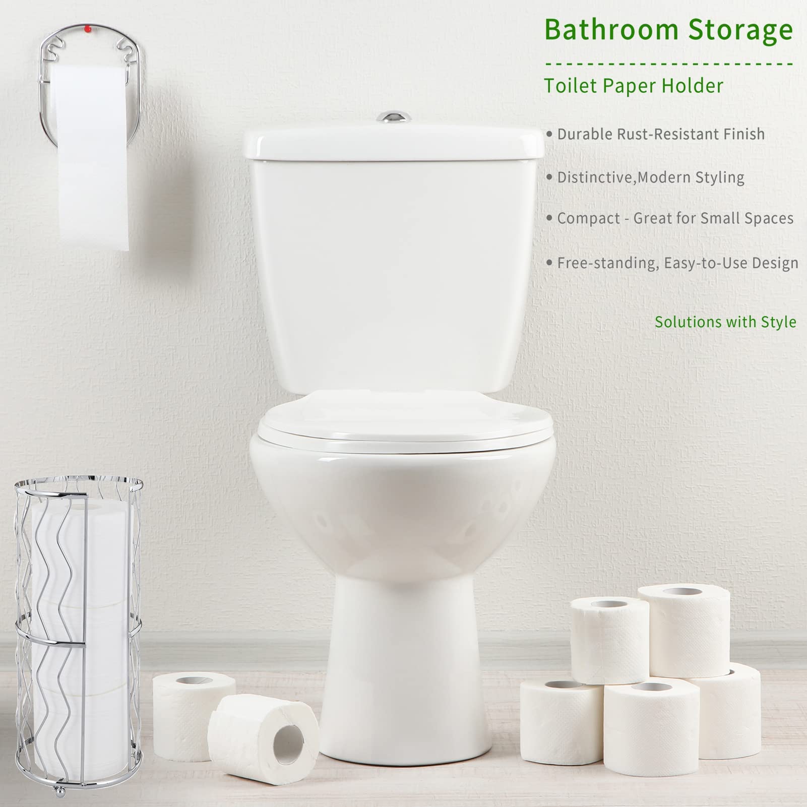 Megier Decorative Metal Standing Toilet Tissue Holder for Bathroom/Powder Room  Compact Tissue Reserve for 3 Jumbo Rolls of Extra Toilet Paper Chrome