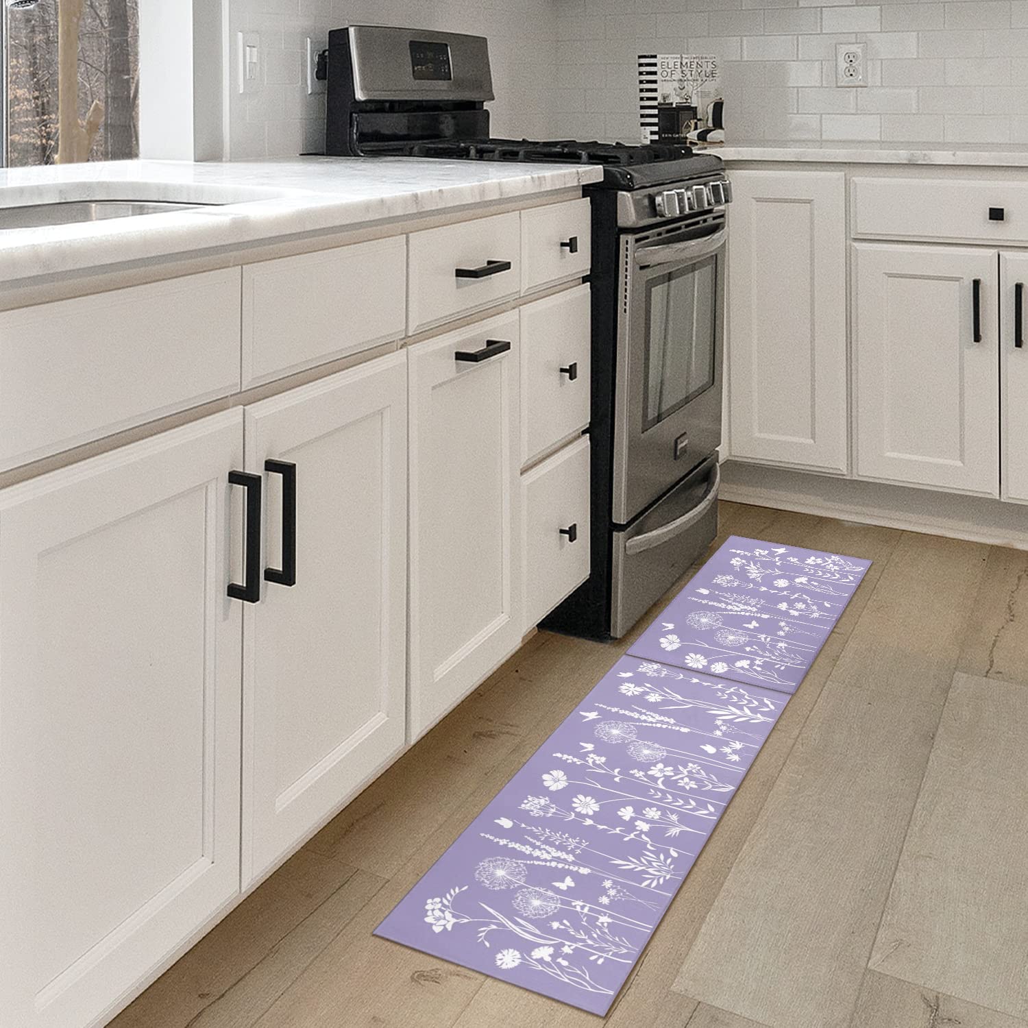 Lavender Purple Kitchen Rug Set of 2- Purple Butterfly Plant Floral Rug Floor Mats Area Rug Carpet Kitchen Decor Accessories Things- Leaves Flower Rugs for Home Kitchen Large- 17x30 and 17x47 Inch