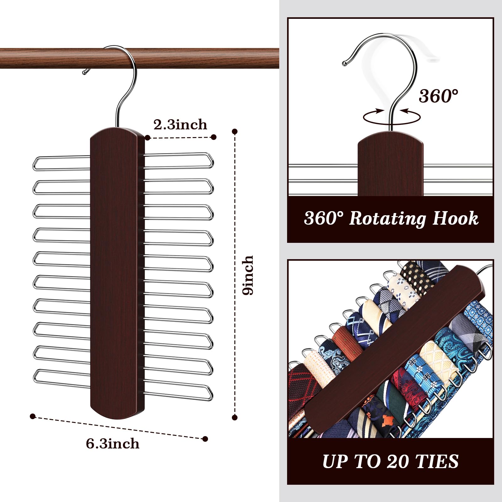 2 Pack Tie Rack For Closet, Premium Wooden Necktie Organizer Storage Tie/Belt Hanger, 360 Degree Swivel Space Saving Ties Holder