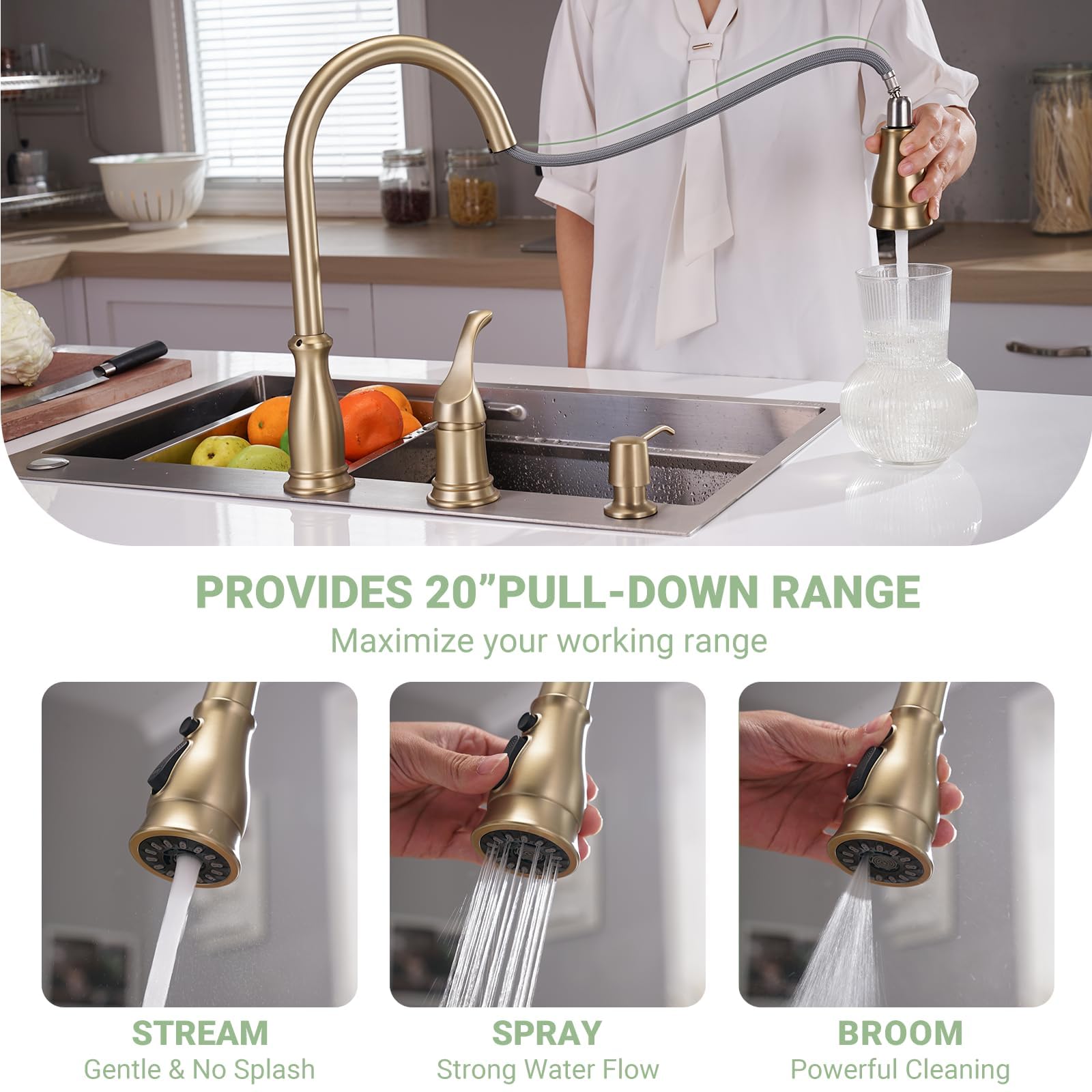 Appaso Gold Kitchen Faucet 3 Hole, Brushed Gold Kitchen Faucet With Soap Dispenser And Pull Down 3-Mode Sprayer, Solid Brass Hig