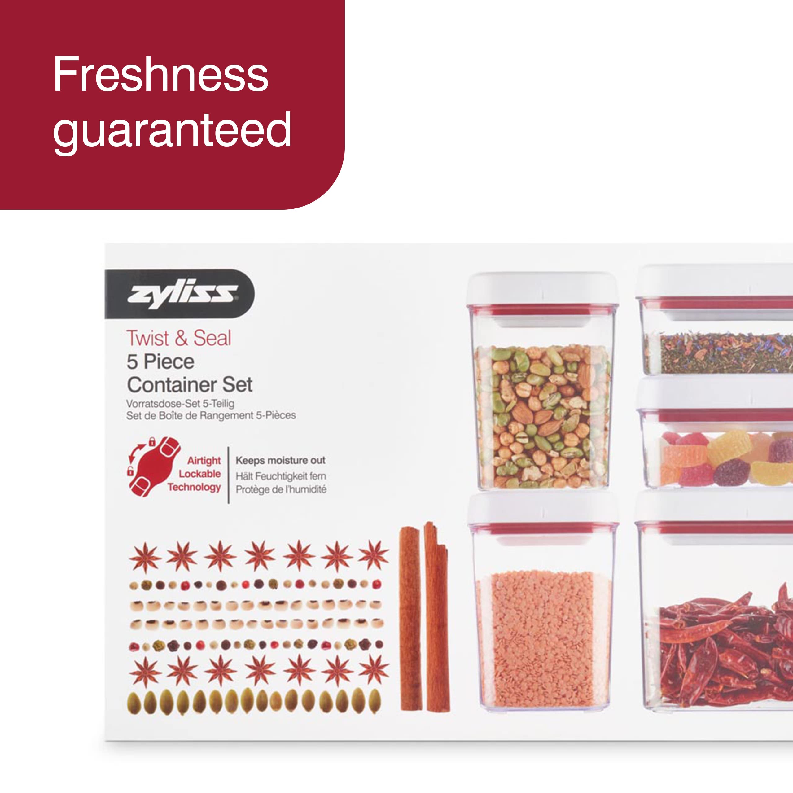Zyliss Twist & Seal 5-Piece Storage Container Set - Airtight Food Storage Containers - Coffee, Sugar, Cereal, Flour, Pasta And S