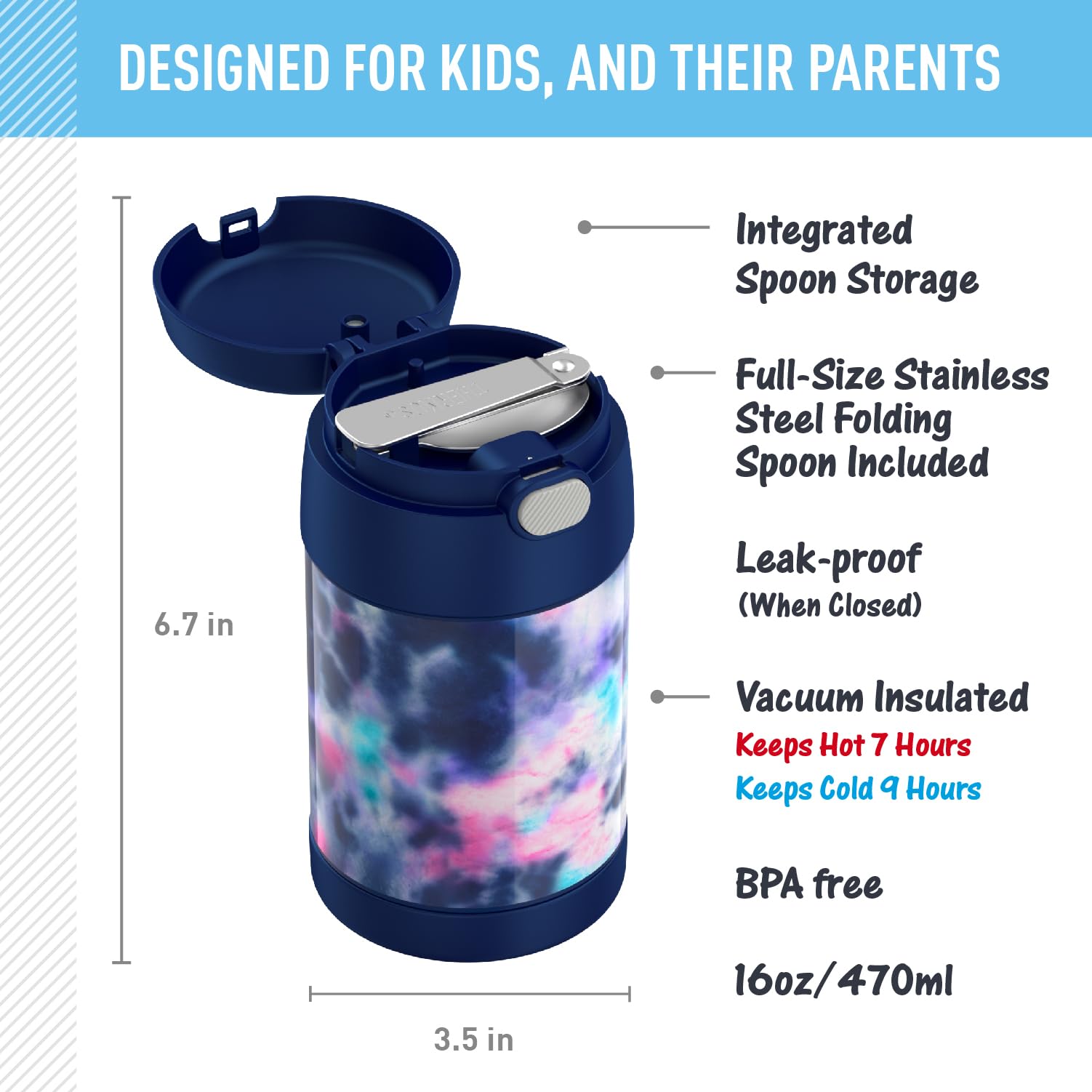 Thermos Funtainer 16 Ounce Stainless Steel Vacuum Insulated Food Jar With Spoon, Tie Dye