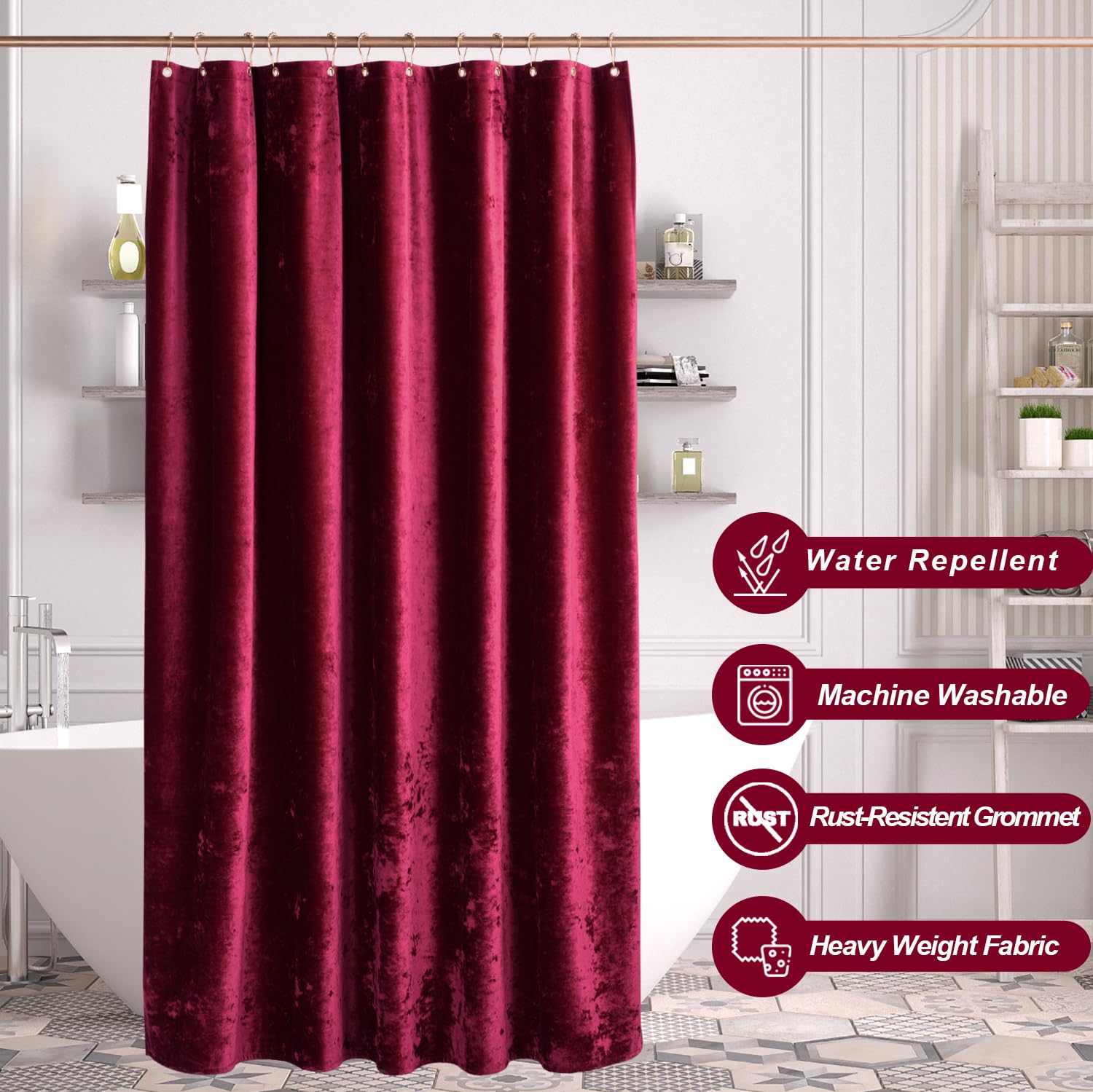 Tamgho Red Shower Curtain For Bathroom, Luxury Crushed Velvet Shower Curtain Red, Dark Shower Curtain Set With Gold Decro Metal