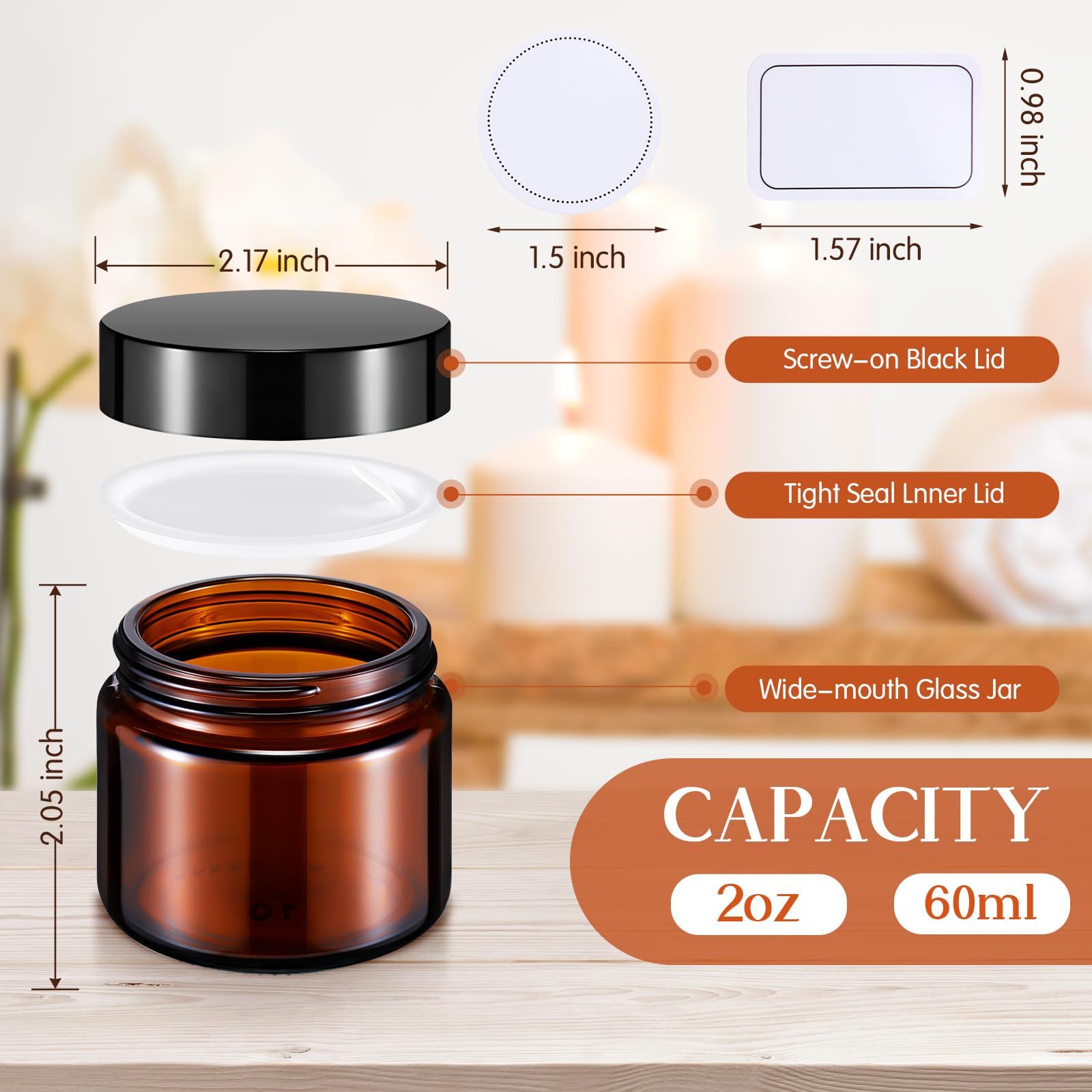 Layhit 60Pcs 2 Oz Glass Jars With Lids Empty Round Cosmetic Jars With Inner Liners White Labels For Storing Lotions Powders Oint