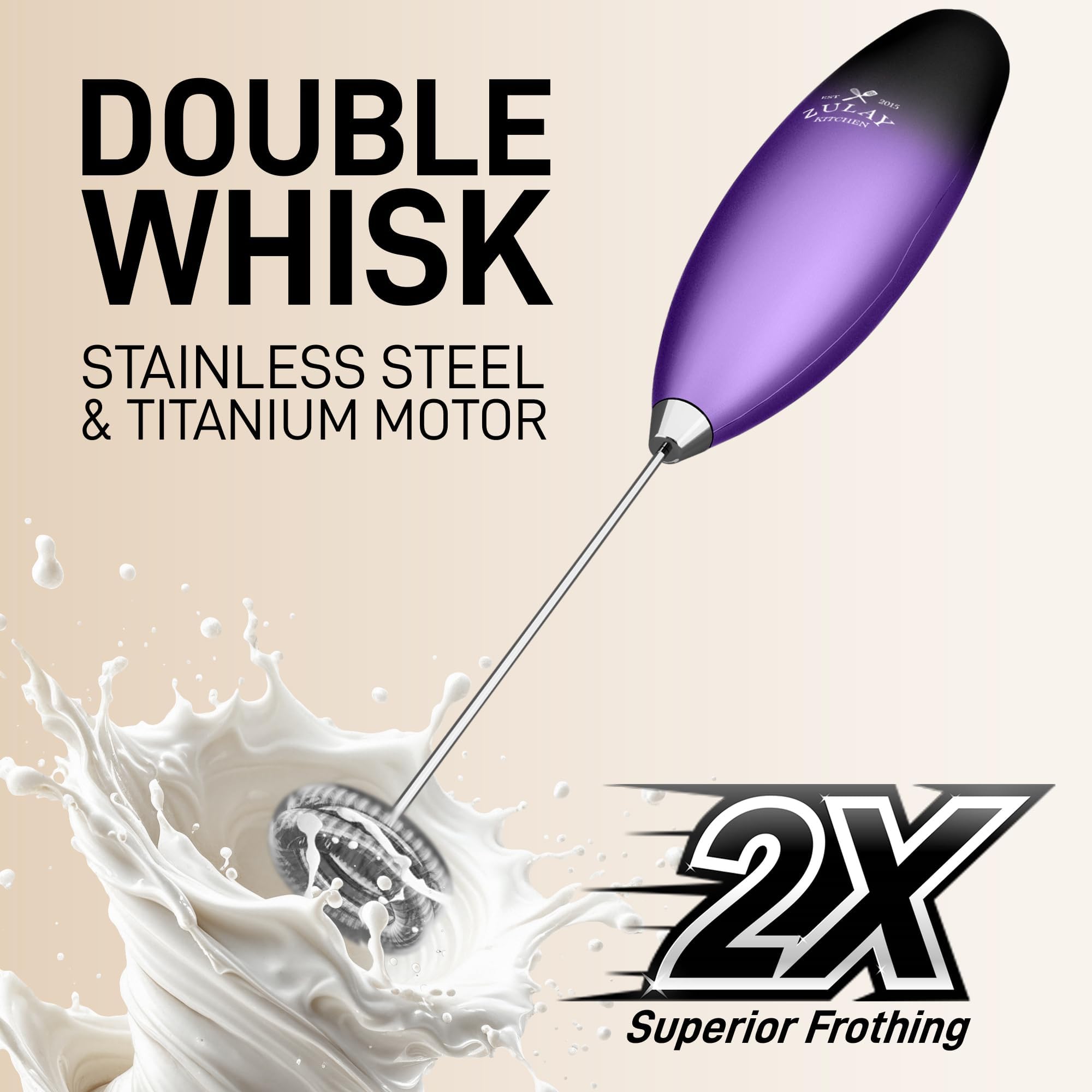 Zulay Kitchen Whisk Milk Frother with 4 Duracell Batteries - Powerful Handheld Foam Maker for Coffee, Lattes, Matcha, Hot Chocol