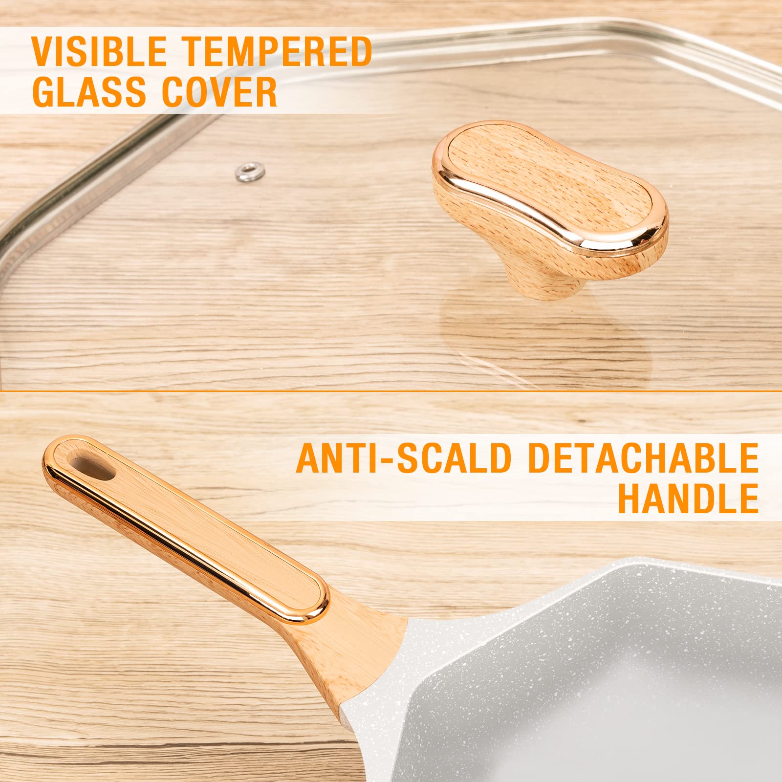 Itsmillers Ceramic Nonstick Octagonal Wok 12.5 Inch Die-Cast Induction Woks And Stir Fry Pans With Glass Lid Pfoa Free (Cream Wh