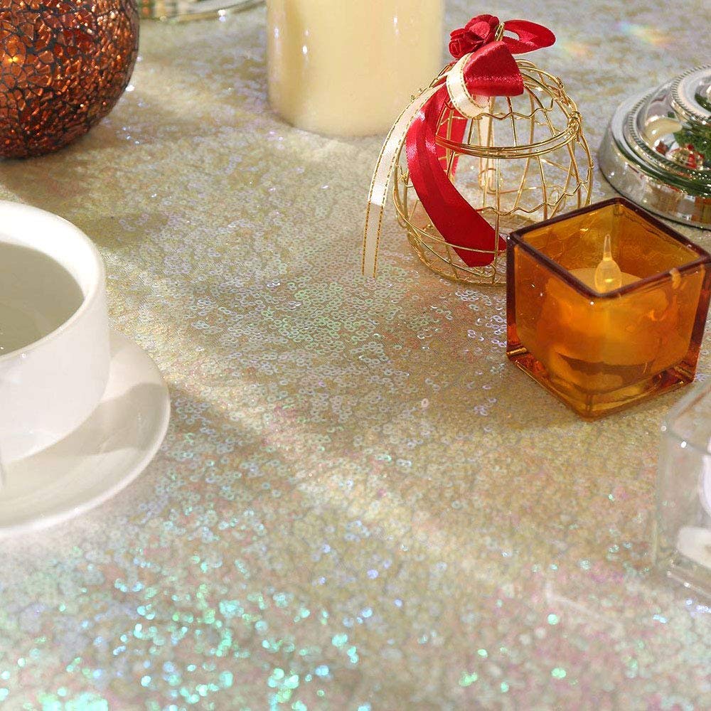 Jyflzq White Iridescent Sequin Tablecloth 70 Round Sparkly Drape Table Cloths Table Cover Overlay For Wedding Birthday Party Bab