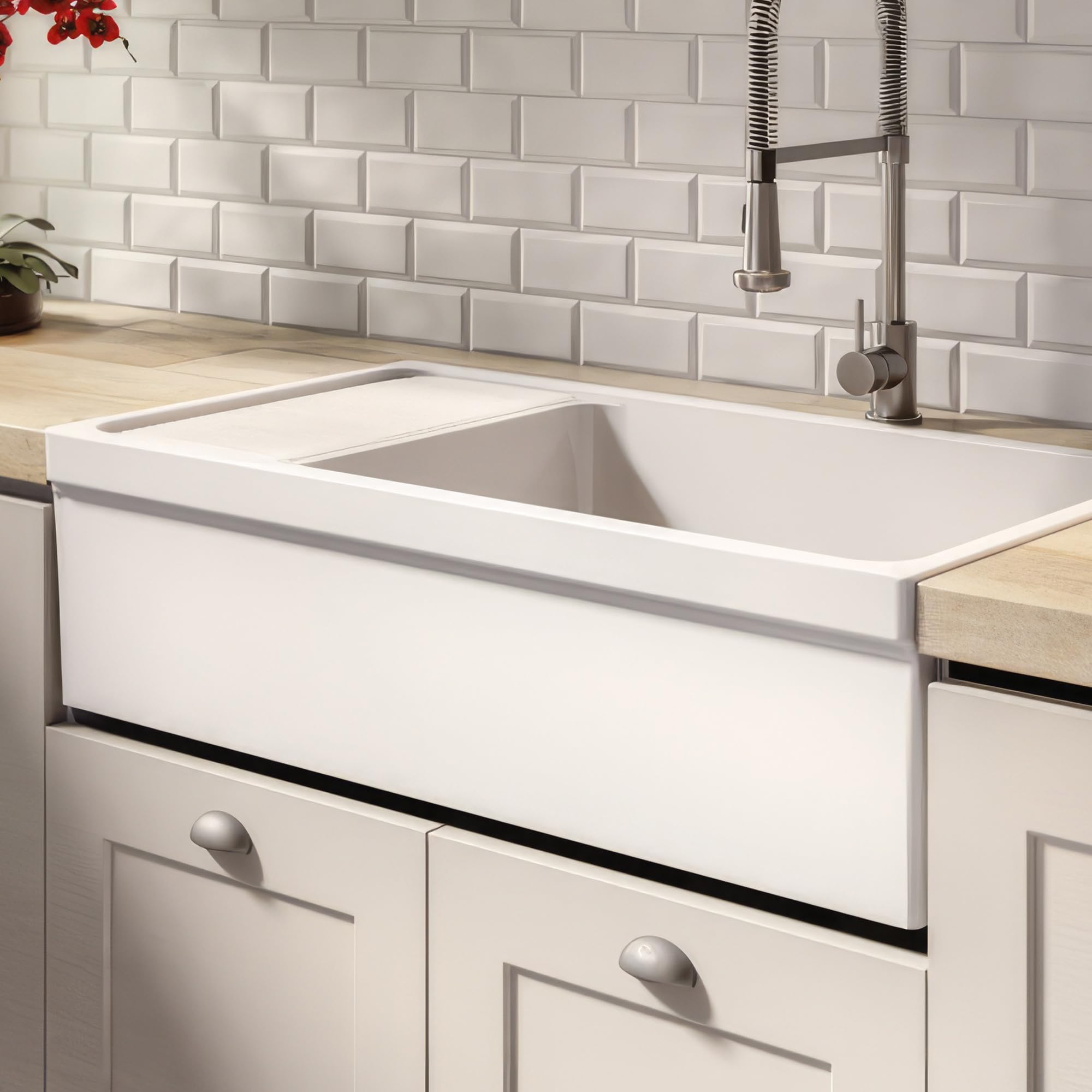 Whitehaus Collection Whqd540-M-White Quatro Alcove Kitchen, Fireclay, Front Apron Sink, Matte, White