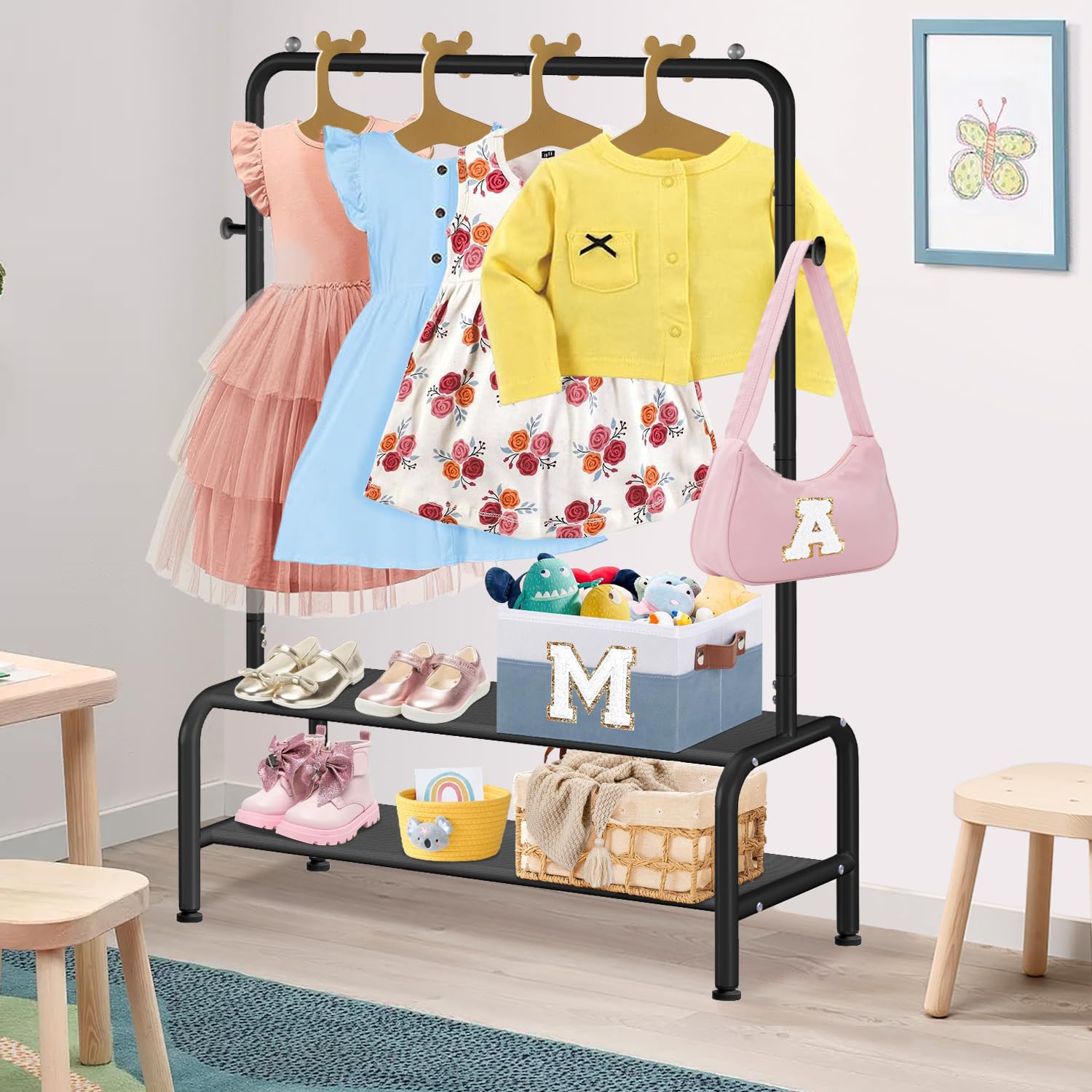 Kids Clothing Rack - Kids Dress Up Clothes Storage Racks - Baby Toddler Clothes Rack - Small Kids Costume Wardrobe Rack With 2 F