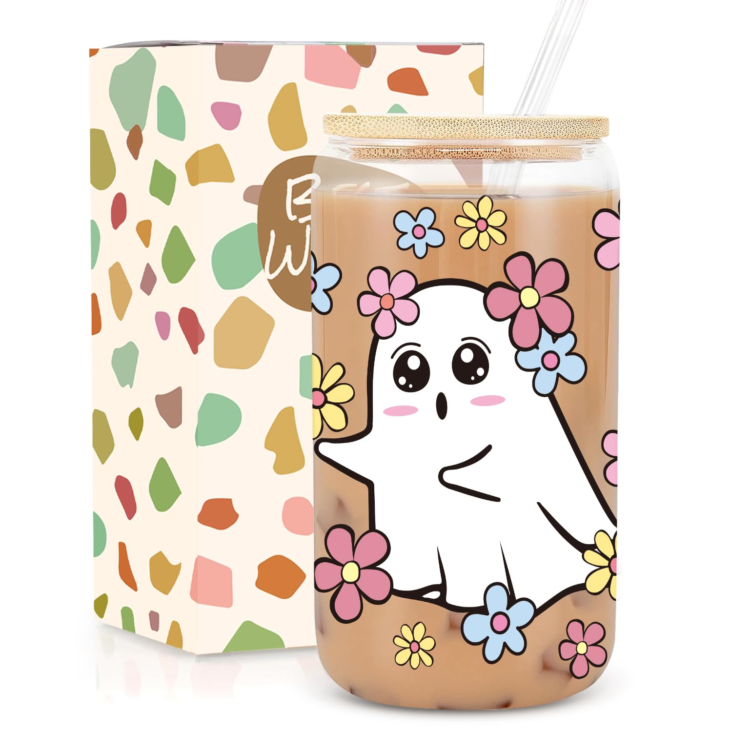 UAREHIBY Halloween Ghost Glass Cup, Cute Boo Basket Stuffers for Women, 18oz Floral Daisy Ghost Spooky Iced Coffee Glass Tumbler
