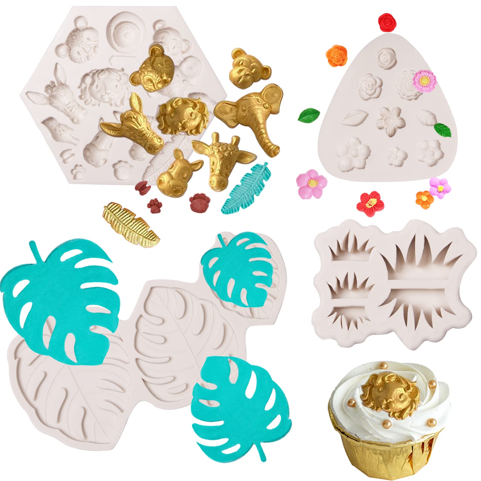 Safari Animal Fondant Molds 4 Pcs, Jungle Tropical Leaf Chocolate Silicone Molds For Baking, Cake Decorations, Cupcake Toppers,