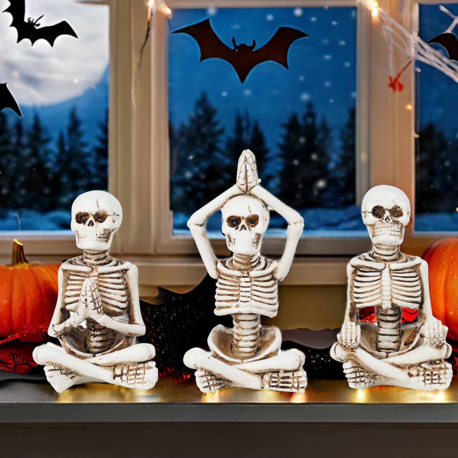 Newman House Studio Halloween Skeleton Decor - Realistic Meditating Skeleton Statues, Set of 3, 2*1.5*3.75 in Resin Indoor Zen S