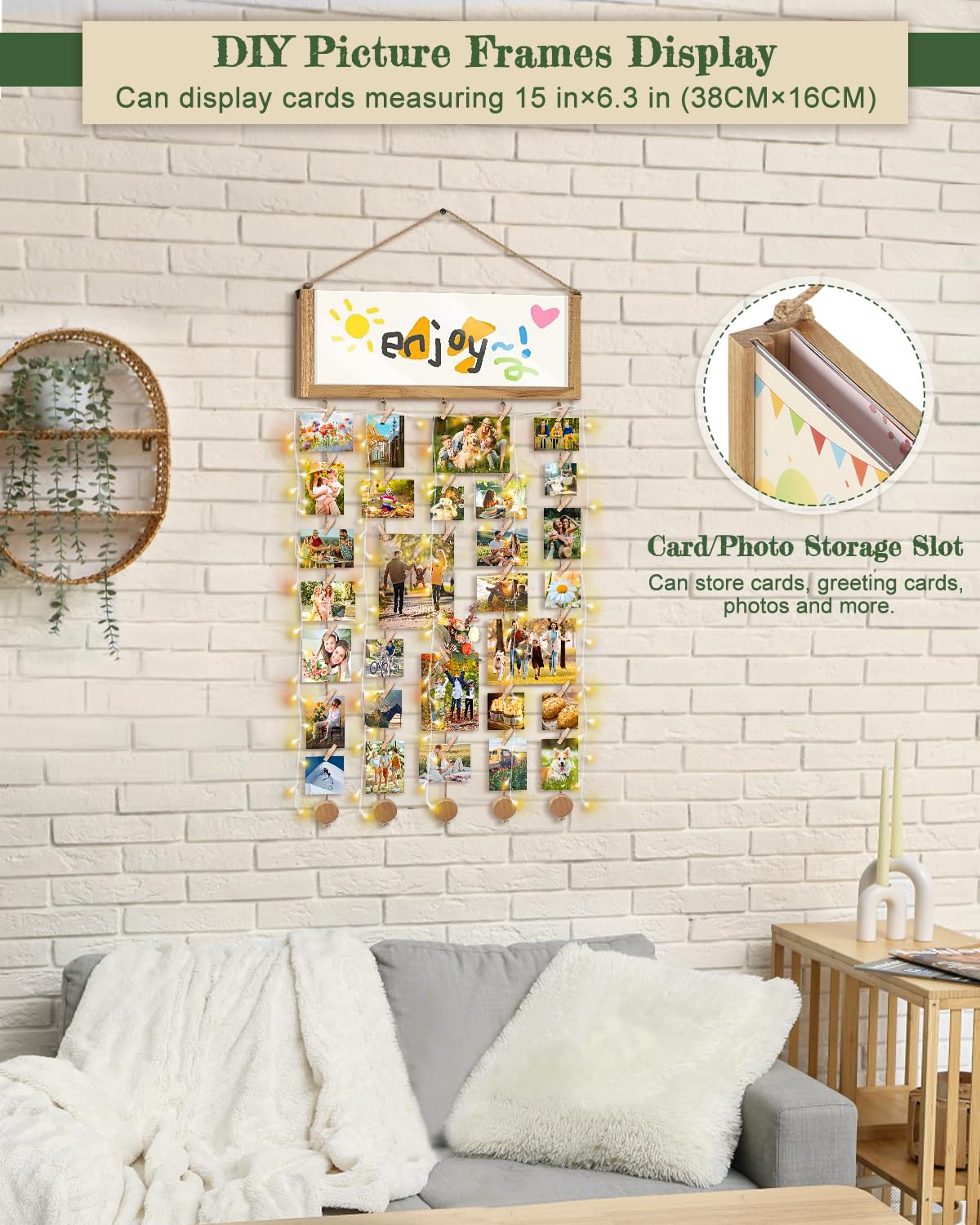 Bikoney Rustic Collage Photo Display Wall Decor with Happy Birthday Banner, Gift Card Storage and 30 Clips for Dorm Room, Bedroo