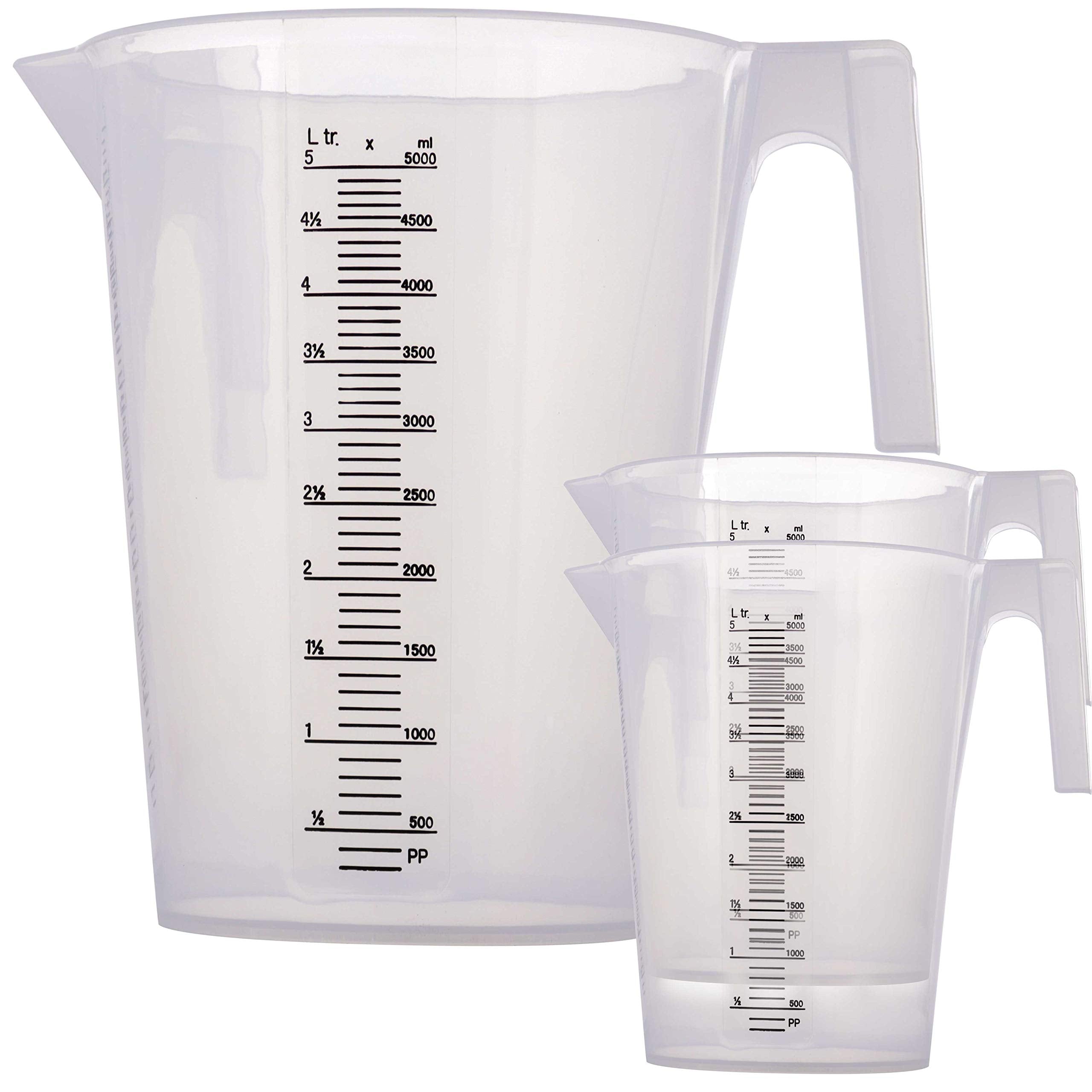 TCP Global 5 Liter (5000ml) Gallon Plastic Graduated Measuring and Mixing Pitcher (Pack of 3) - Holds 5 Quarts 1.25 Gallons- Pou