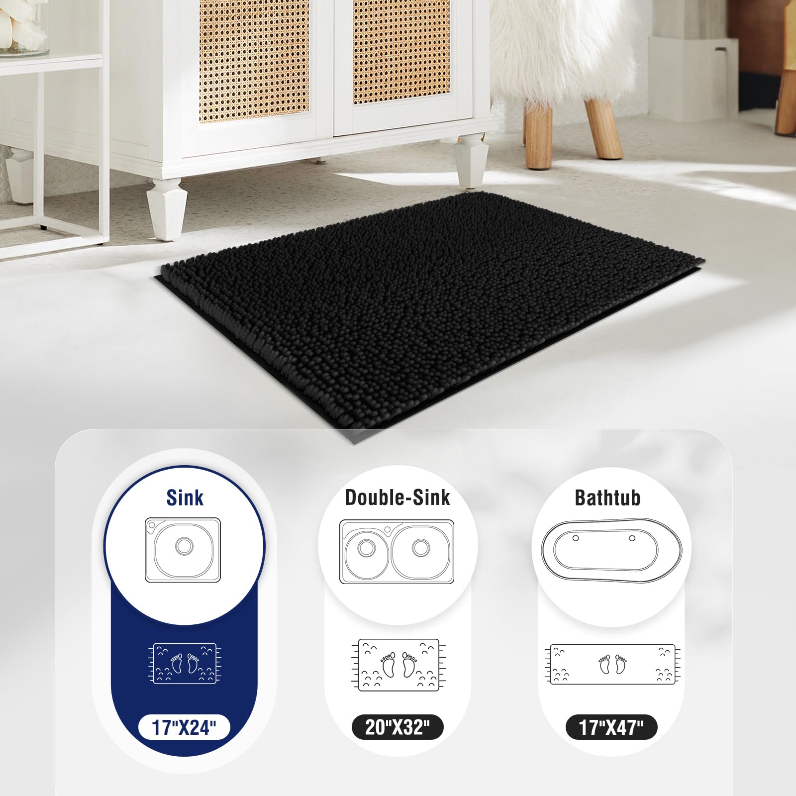 Techmilly Soft Fluffy Chenille Bathroom Rugs, Non Slip Absorbent Bath Mats For Bathroom, Washable And Quick Dry, Black, 17'' X 2