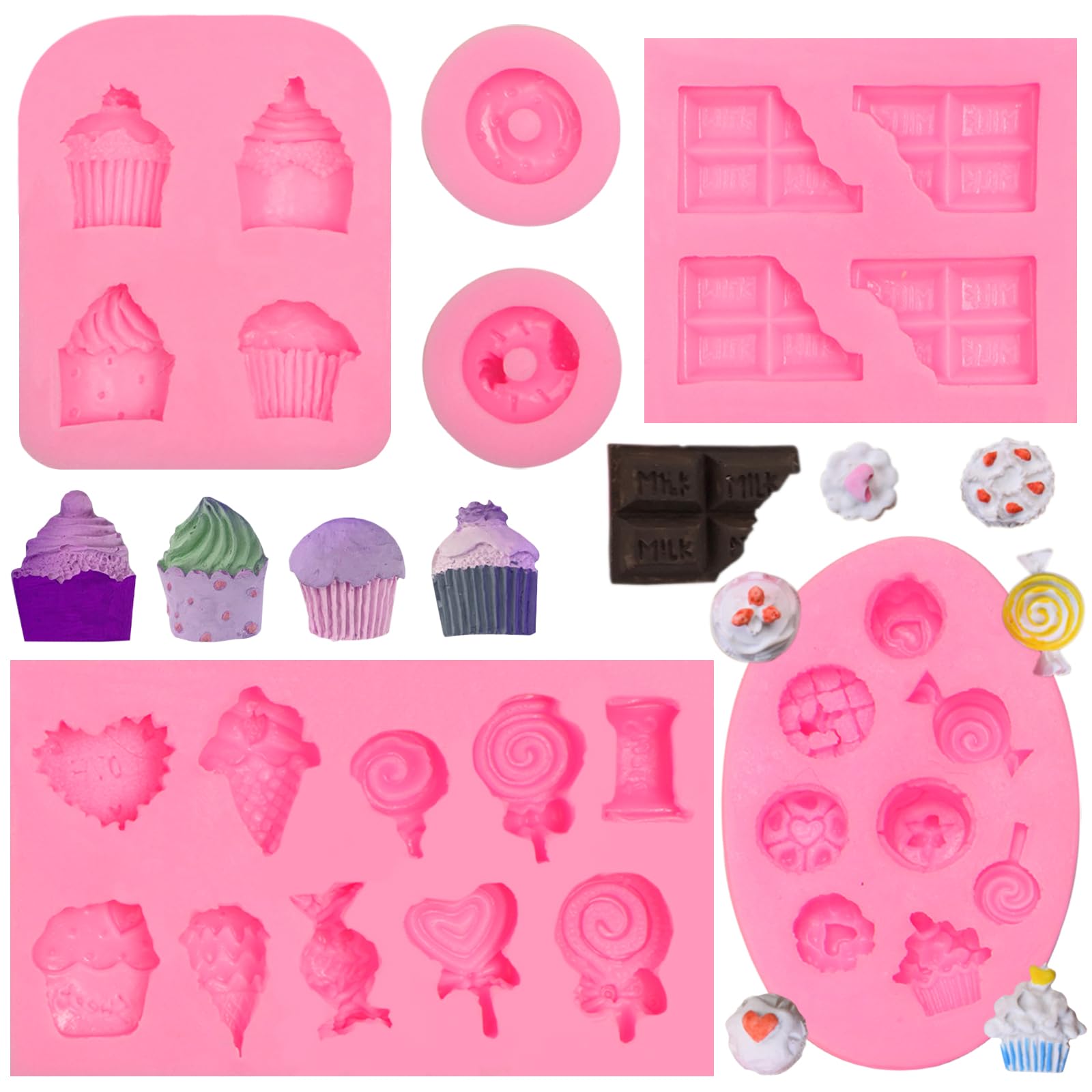 Ice Cream Cones Silicone Molds 6 Pcs, Lollipop Chocolate Fondant Mold For Polymer Clay Crafts Candy Cupcake Topper, Candles Cake