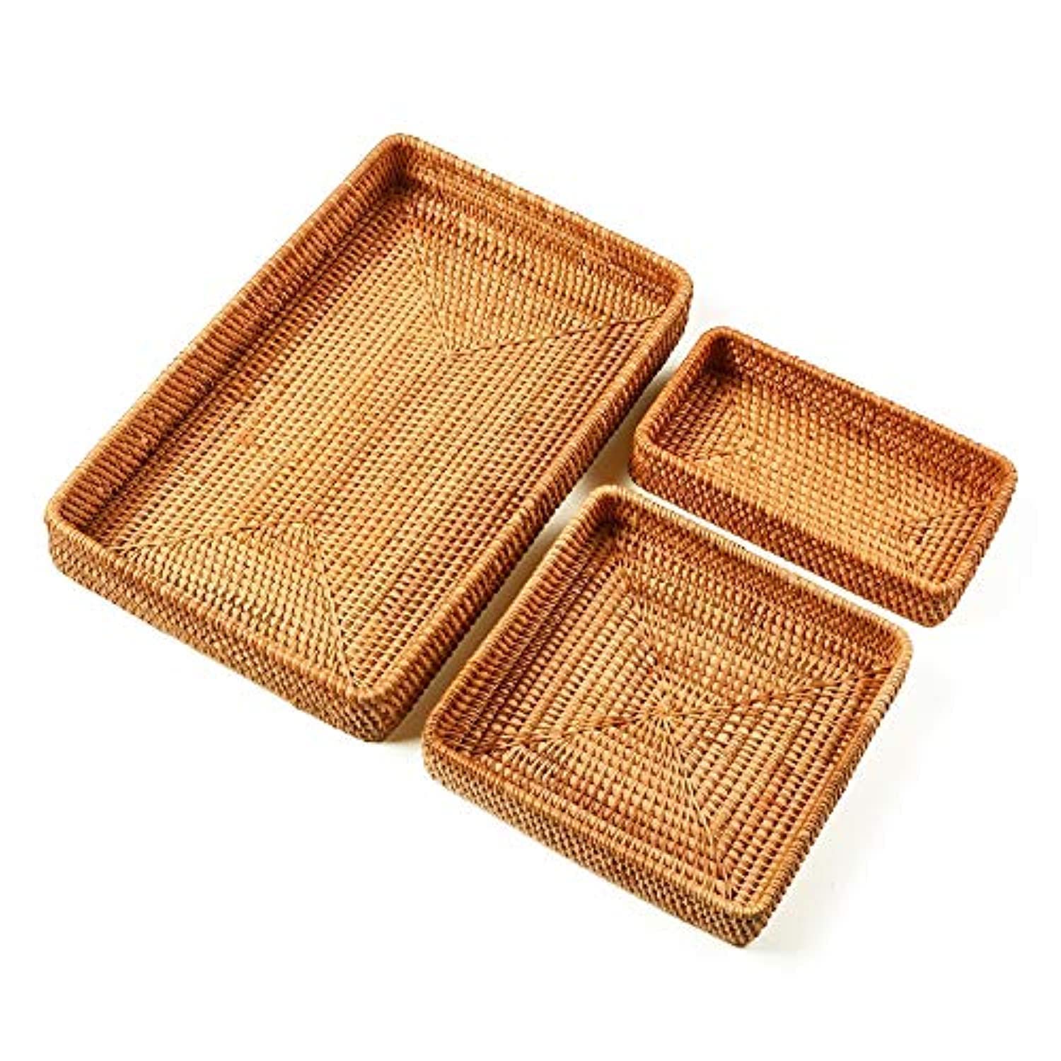 i-lan Set of 3 15 Rattan Woven Serving Tray Basket with MOP Wooden Base and Handles, Boho Wicker Coffee Table D  cor Serving Tra