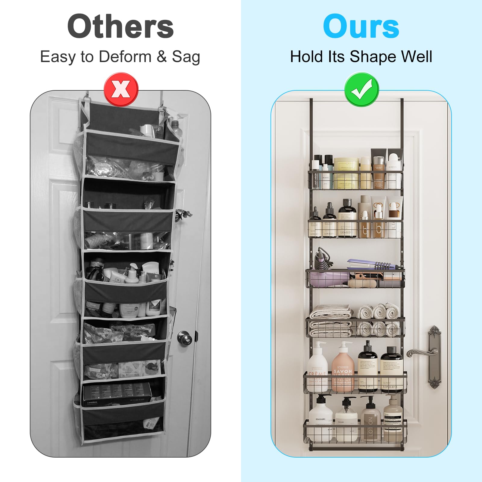 LUMAMU Over The Door Bathroom Organizer, 6-Tier Adjustable Metal Baskets Hanging Bathroom Organizer, Over The Door Organizer wit